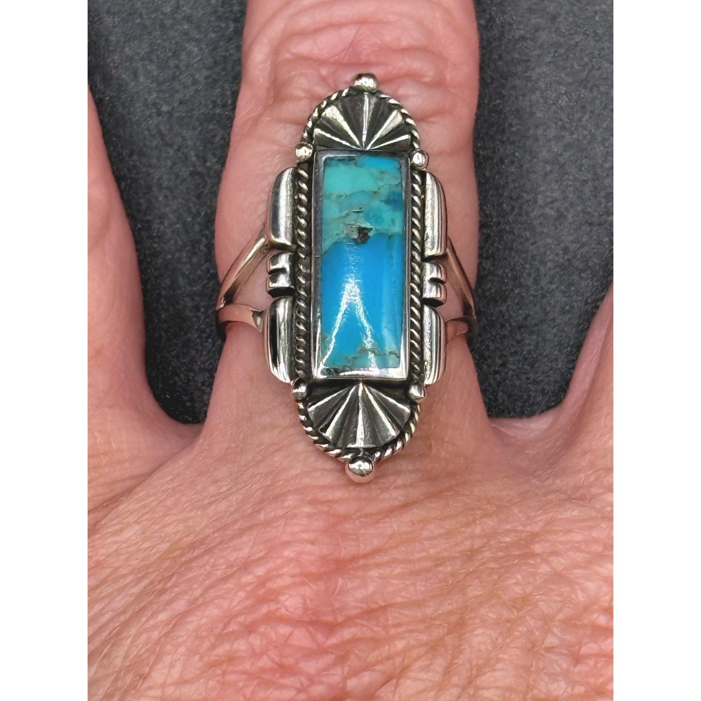 New Condition Sterling Silver Turquoise Art Deco Long Ring Size 8 925