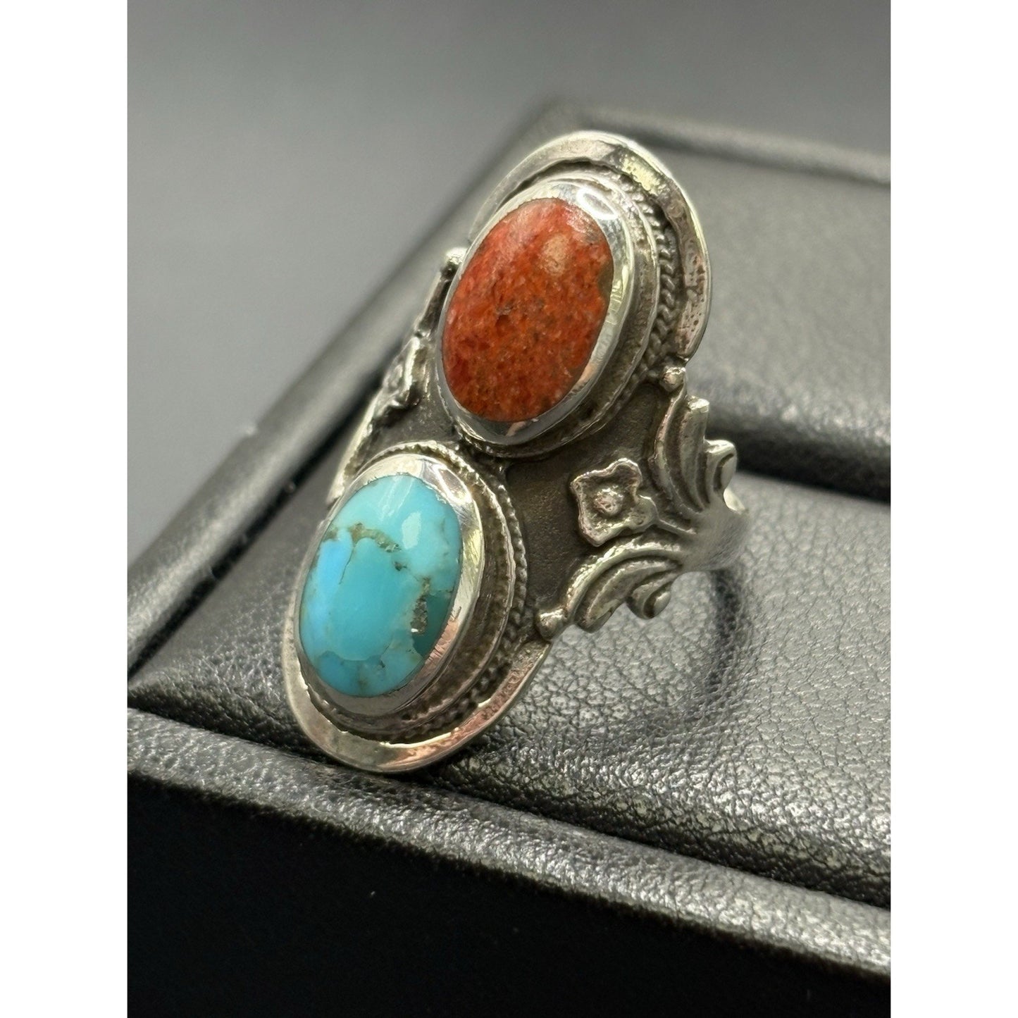 New Condition Turquoise Coral Long Ring 925 Size 5