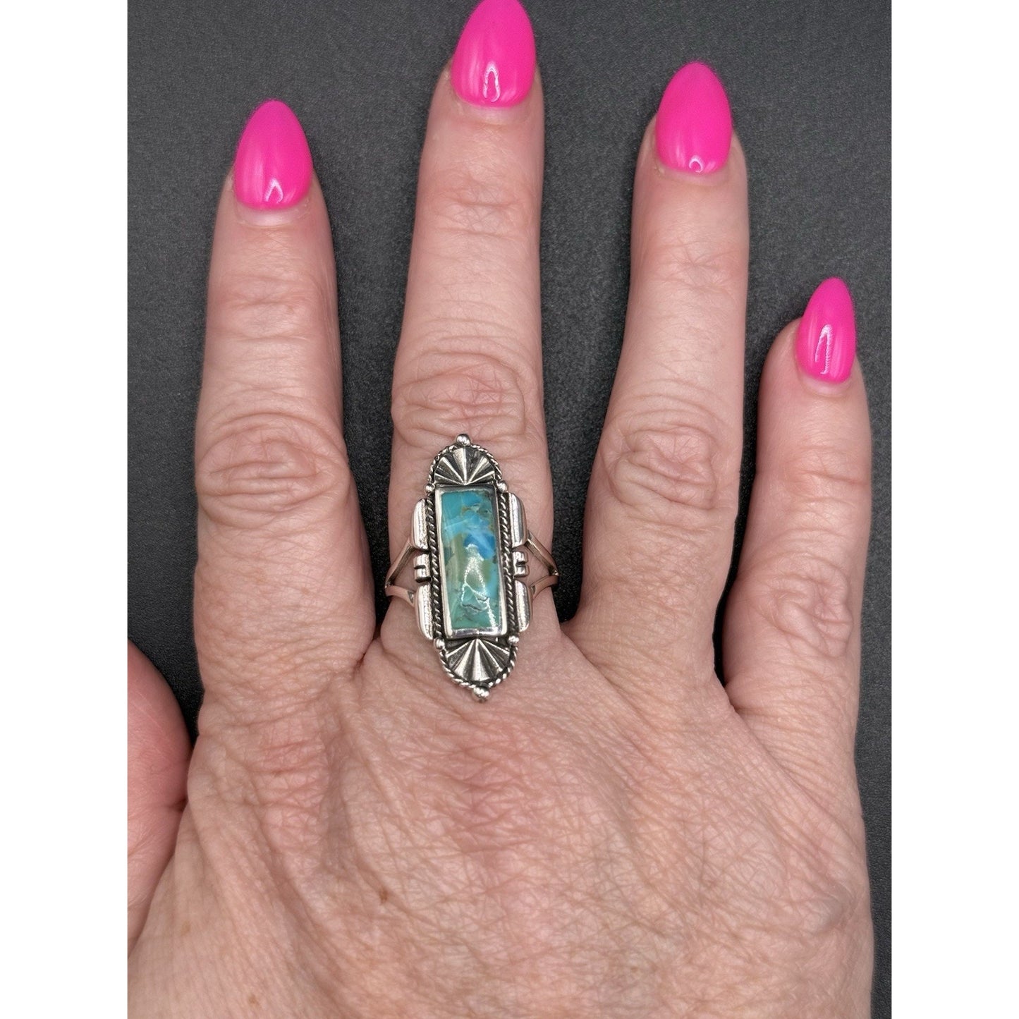 New Condition Sterling Silver Art Deco Turquoise Ring Size 9.50 925