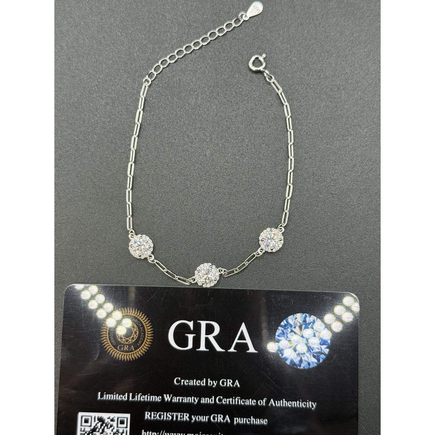 7.25” Sterling Silver Moissanite Station Bracelet GRA Adjustable