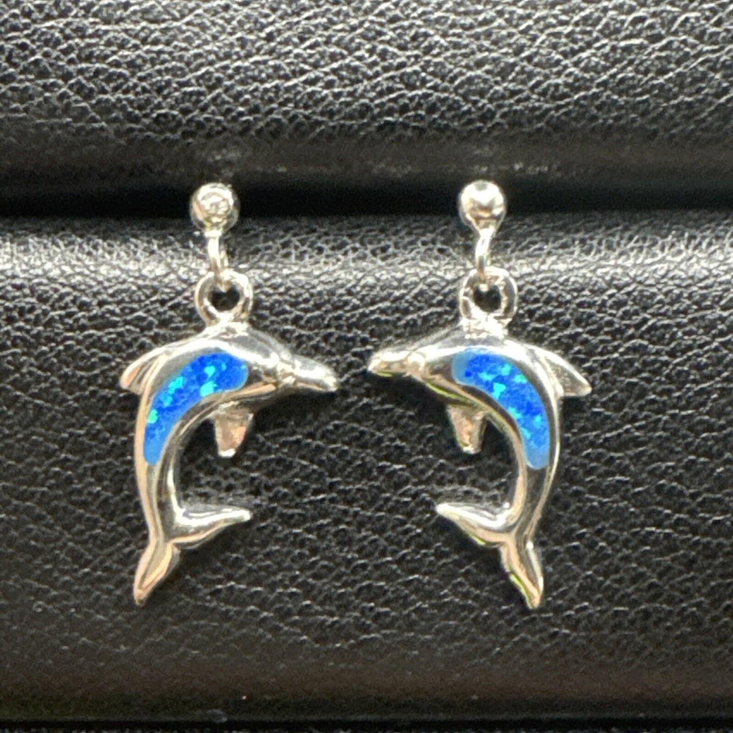 New Condition Lab Blue Opal Dolphin Dangle Earrings 925