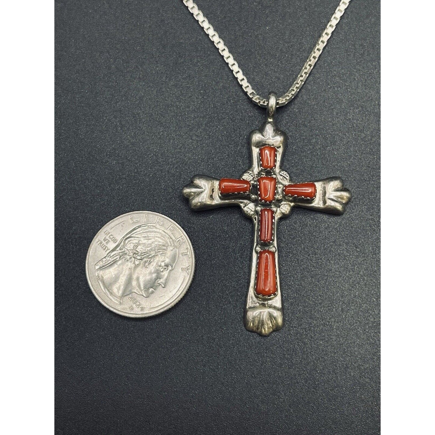 30” K. Natachu Native America Sterling Silver Coral Cross Pendant Necklace L9