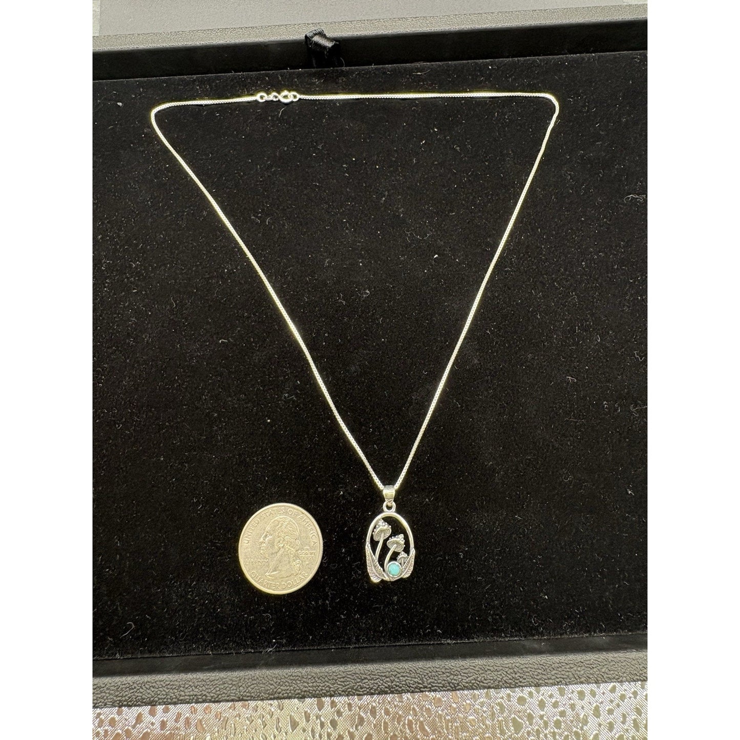 New Condition Sterling Silver Turquoise Mushrooms Pendant Necklace 18"