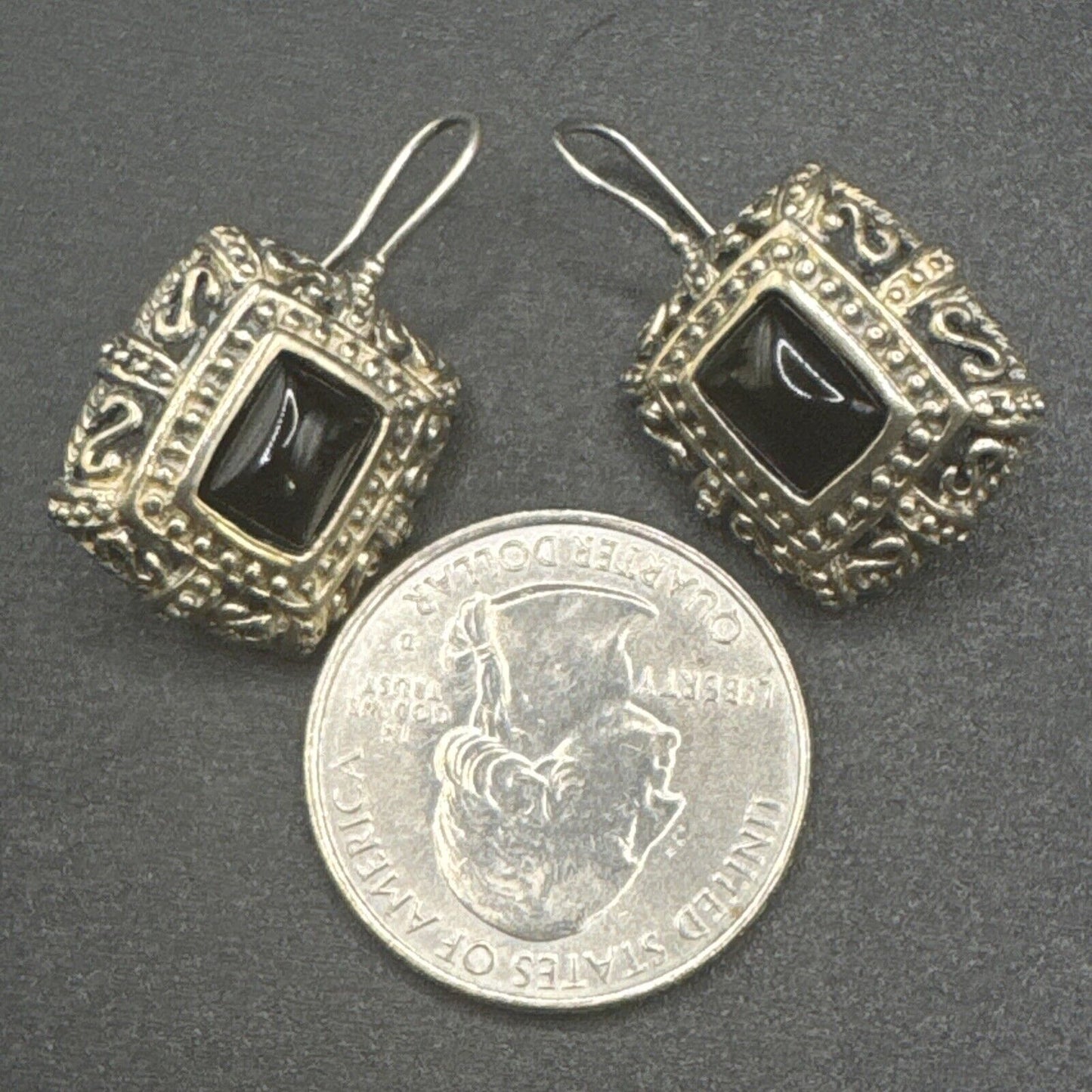 Vintage Sterling Silver Square Onyx Dangle Earrings 925 K30