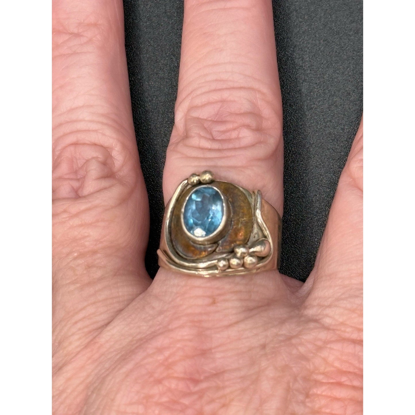 Modernist Sterling Silver Genuine Topaz Brass Accent Ring Size 8.25 Q23