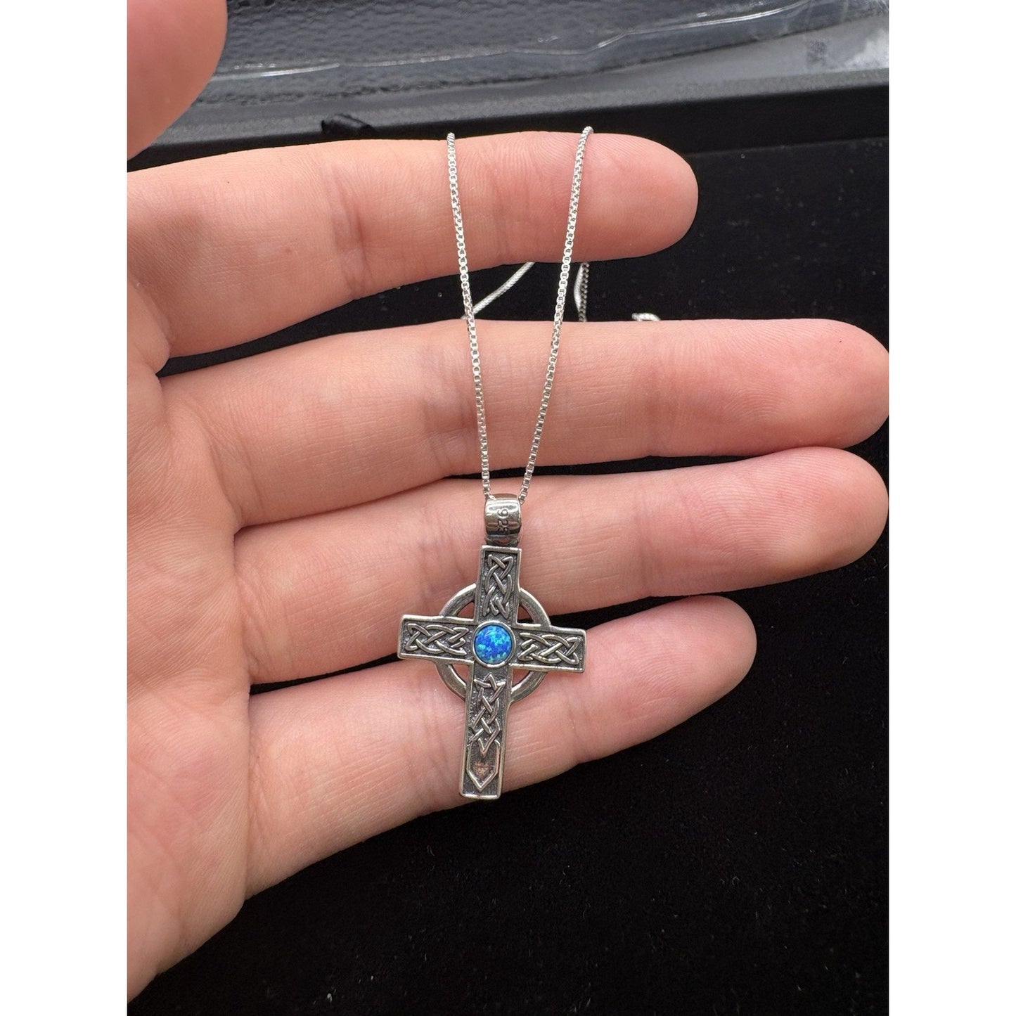 New Condition 18" Sterling Silver Lab Blue Opal Celtic Cross Necklace