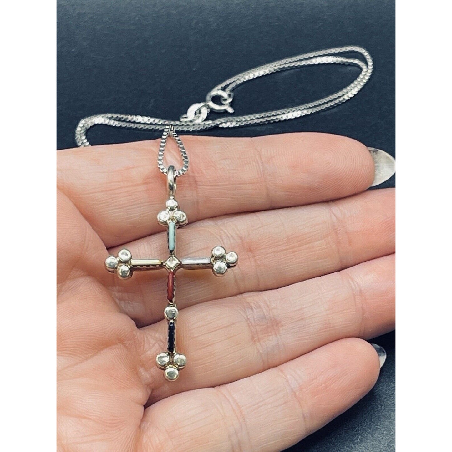 24” Vintage Multi sterling silver Gemstone Cross Pendant Necklace K12