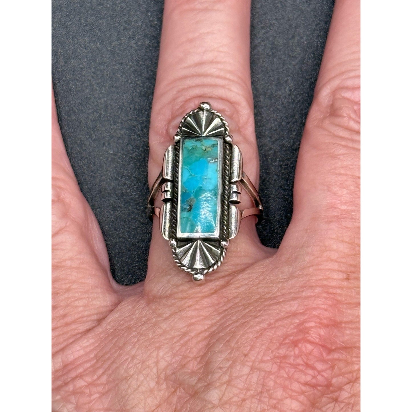New Condition Sterling Silver Art Deco Turquoise Ring Size 8.00 925