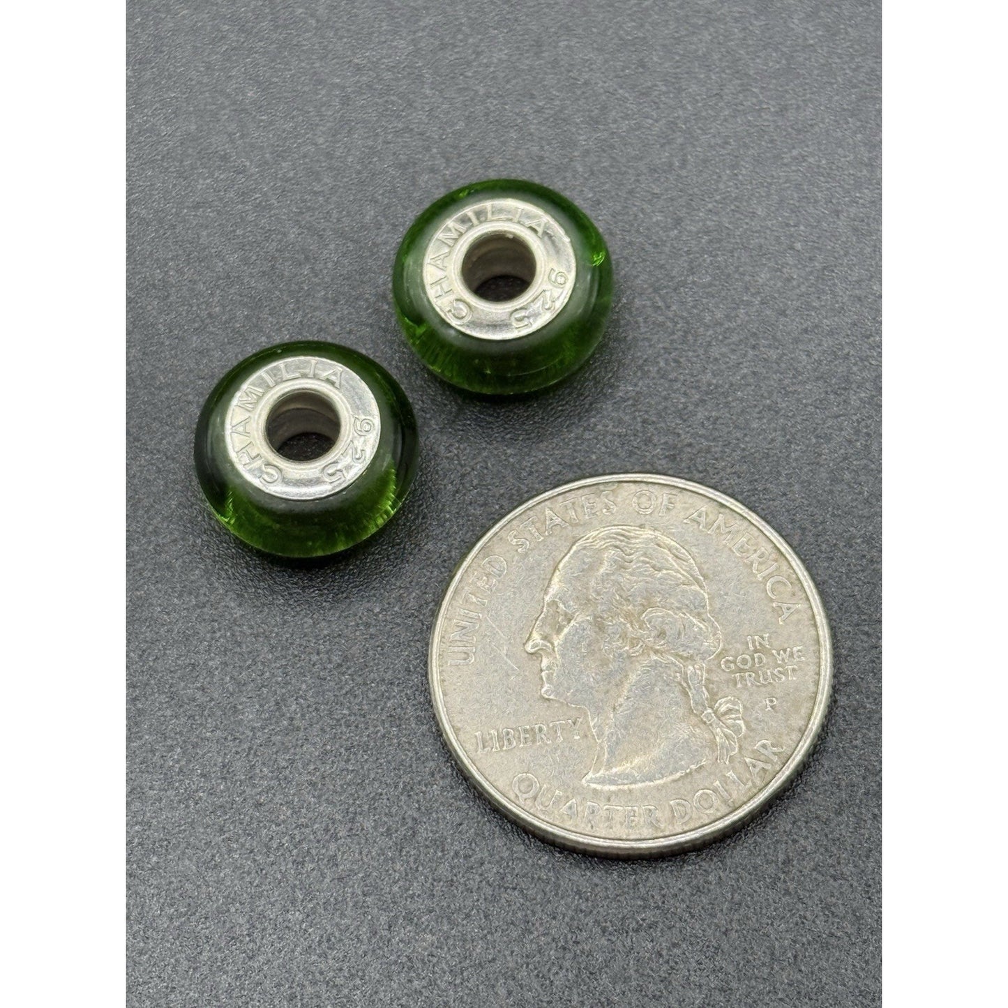 (2) Chamilia Green Shimmering Murano Glass Charms P20