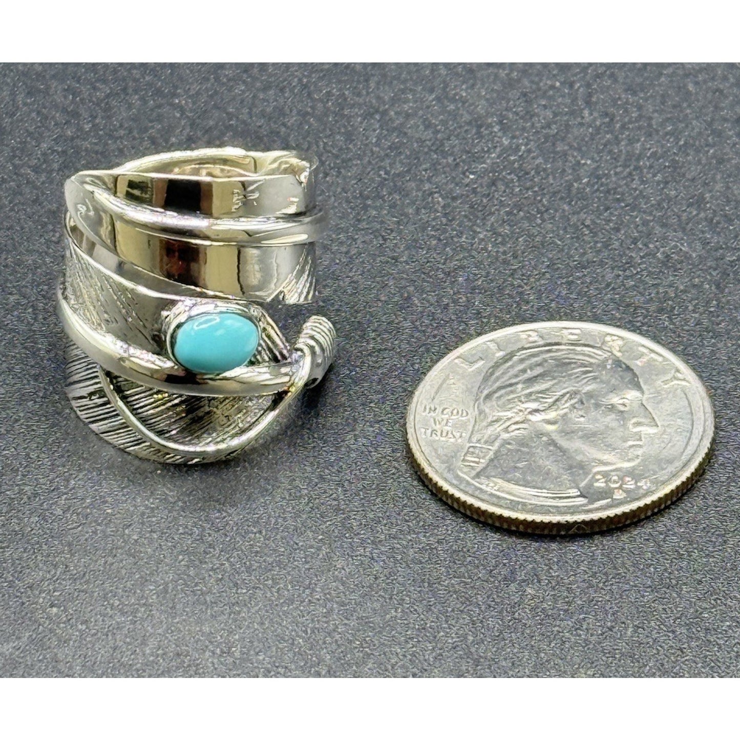New Condition Sterling Silver Genuine Turquoise Ring Size 7.00 Feather Bypass