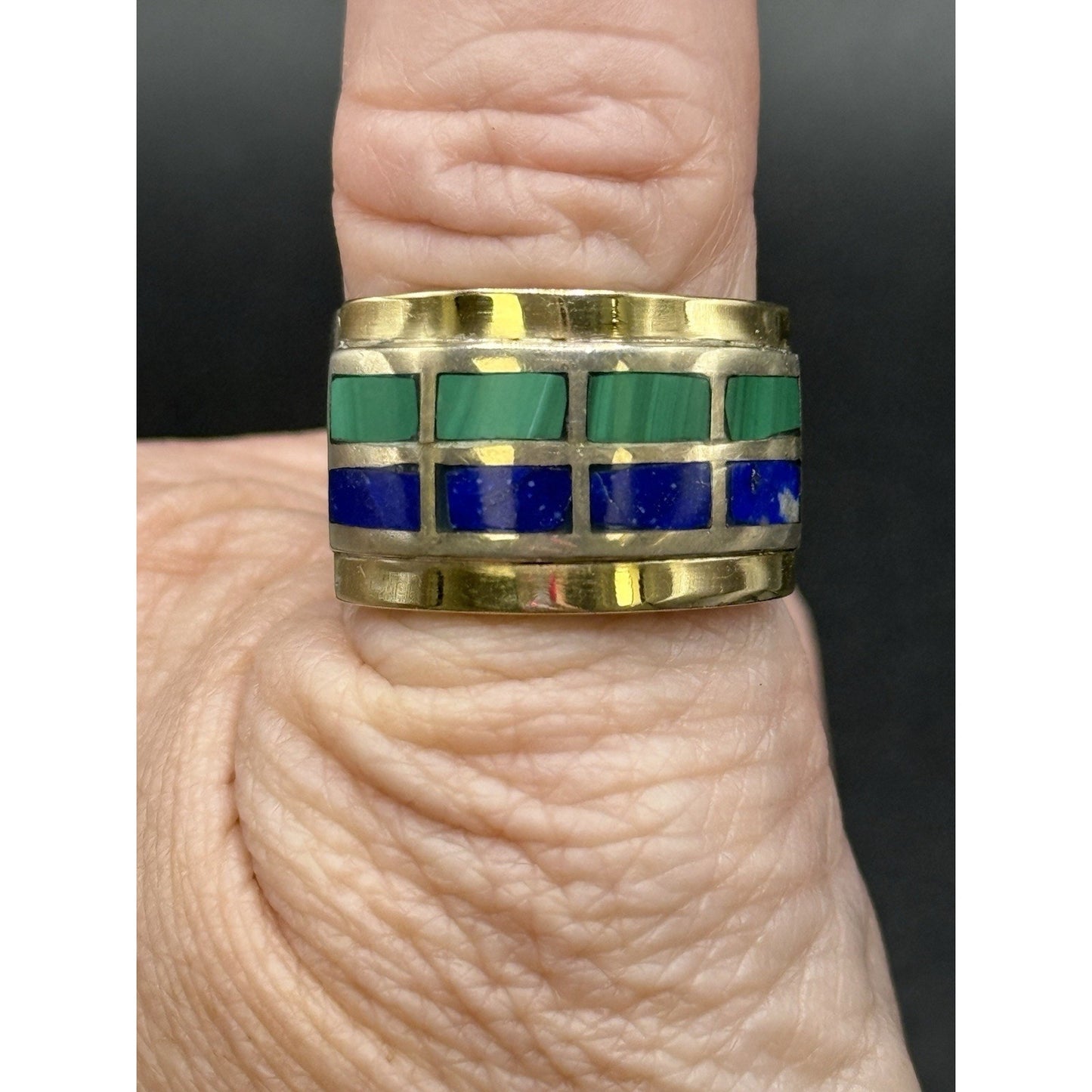 Vintage Two Tone Malachite Lapis Band Ring Size 9.50 Tested Q2