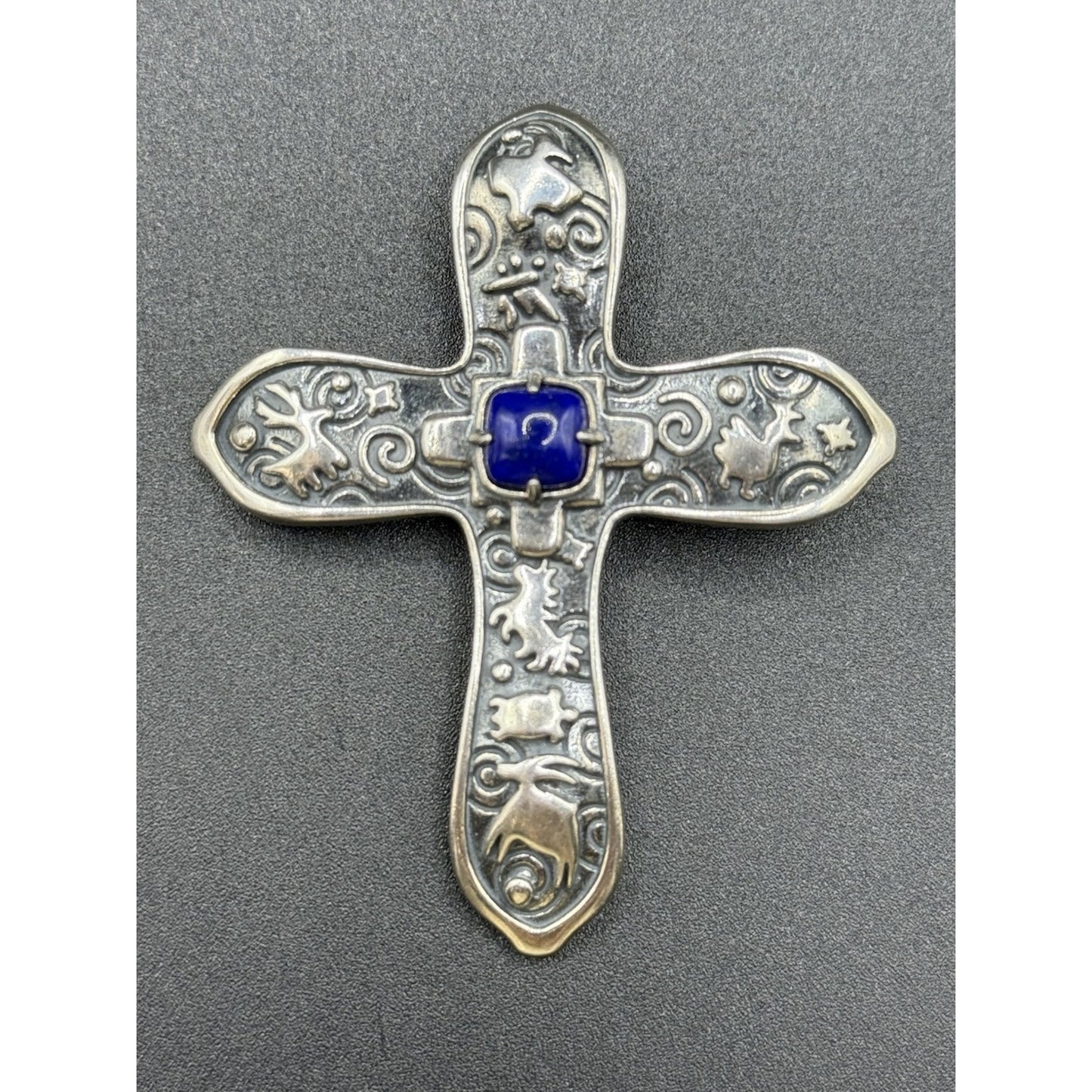 2.75” Carolyn Pollack Relios Sterling Silver Lapis Cross Pendant Pectoral N18