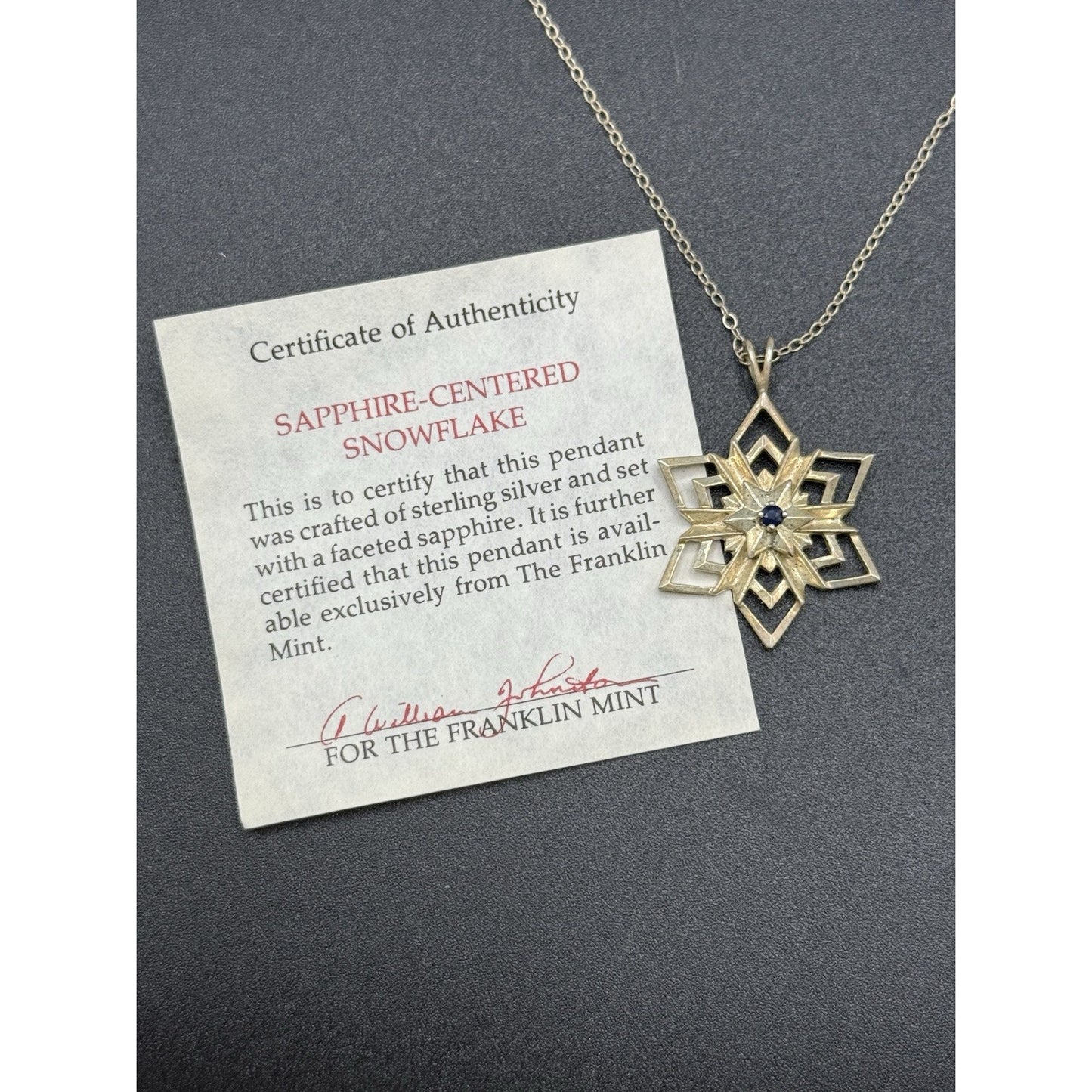 1984 Sterling Silver Franklin Mint Sapphire Snowflake Pendant Necklace P3