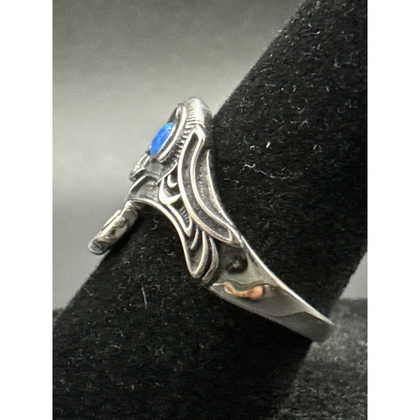 New Condition Sterling Silver Lab Blue Opal Bypass Ring 925 Size 7