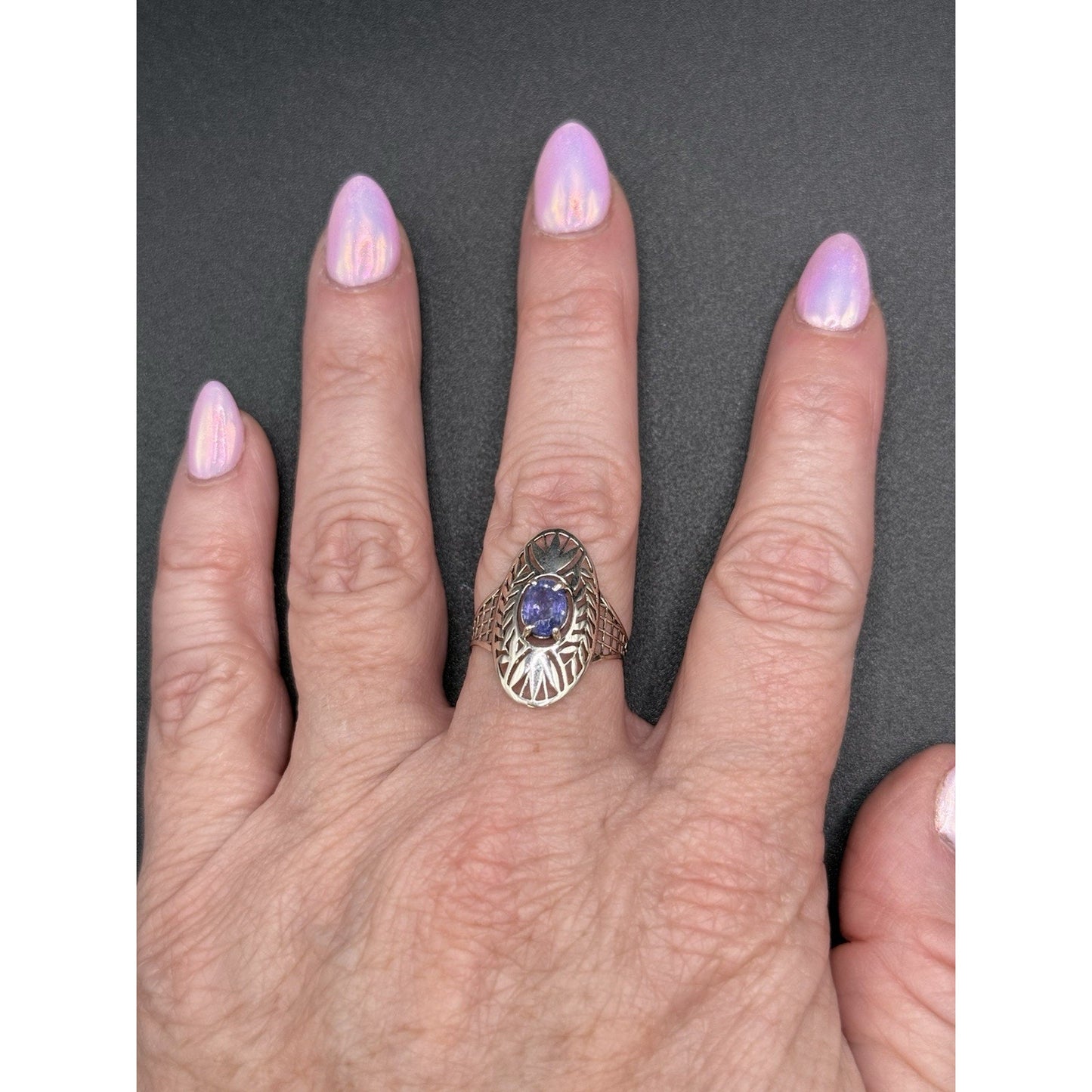 EUC Sterling Silver Genuine Tanzanite Filigree Ring Size 9.00 925 Q21