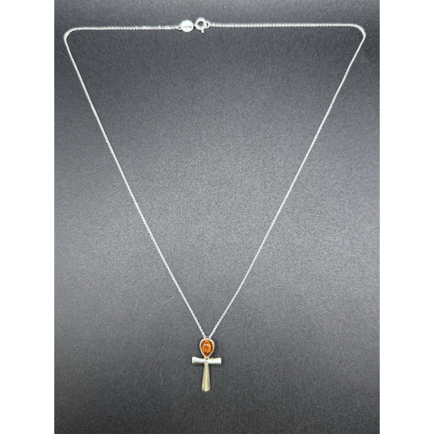 18” Sterling Silver Genuine Amber Cross Pendant Necklace P3