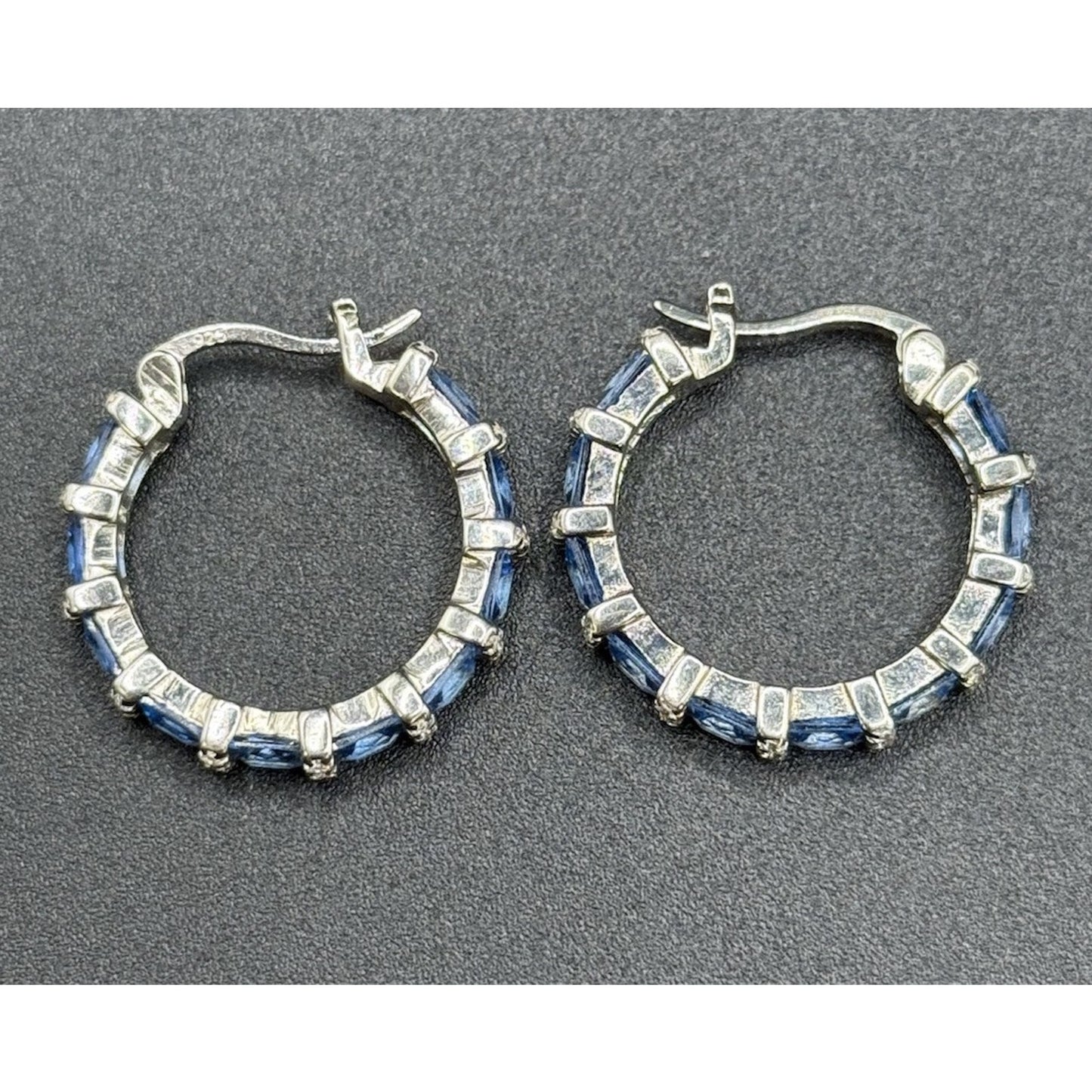 New Condition Sterling Silver Blue C.Z. Hoop Earrings 25MM 925 N17