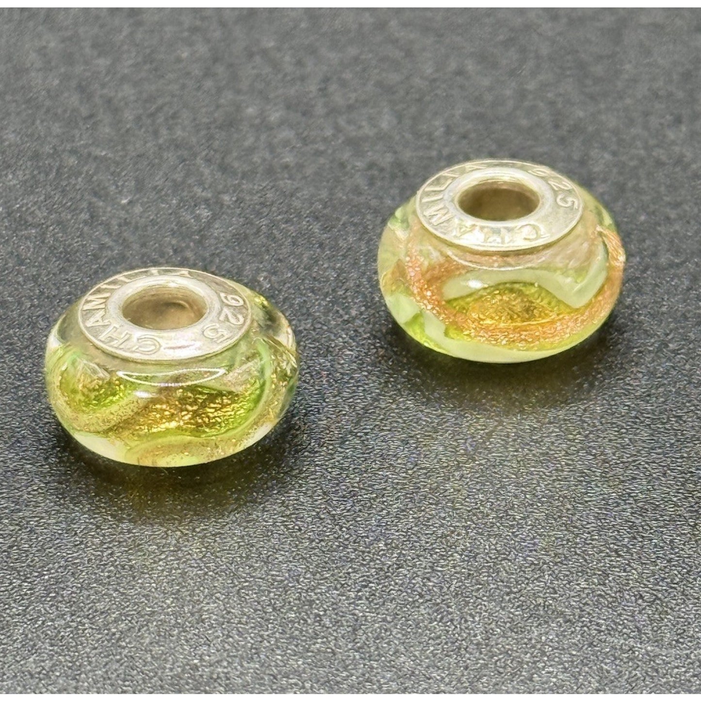 (2) Chamilia Sterling Silver Shimmering Swirl Murano Glass Charm P19