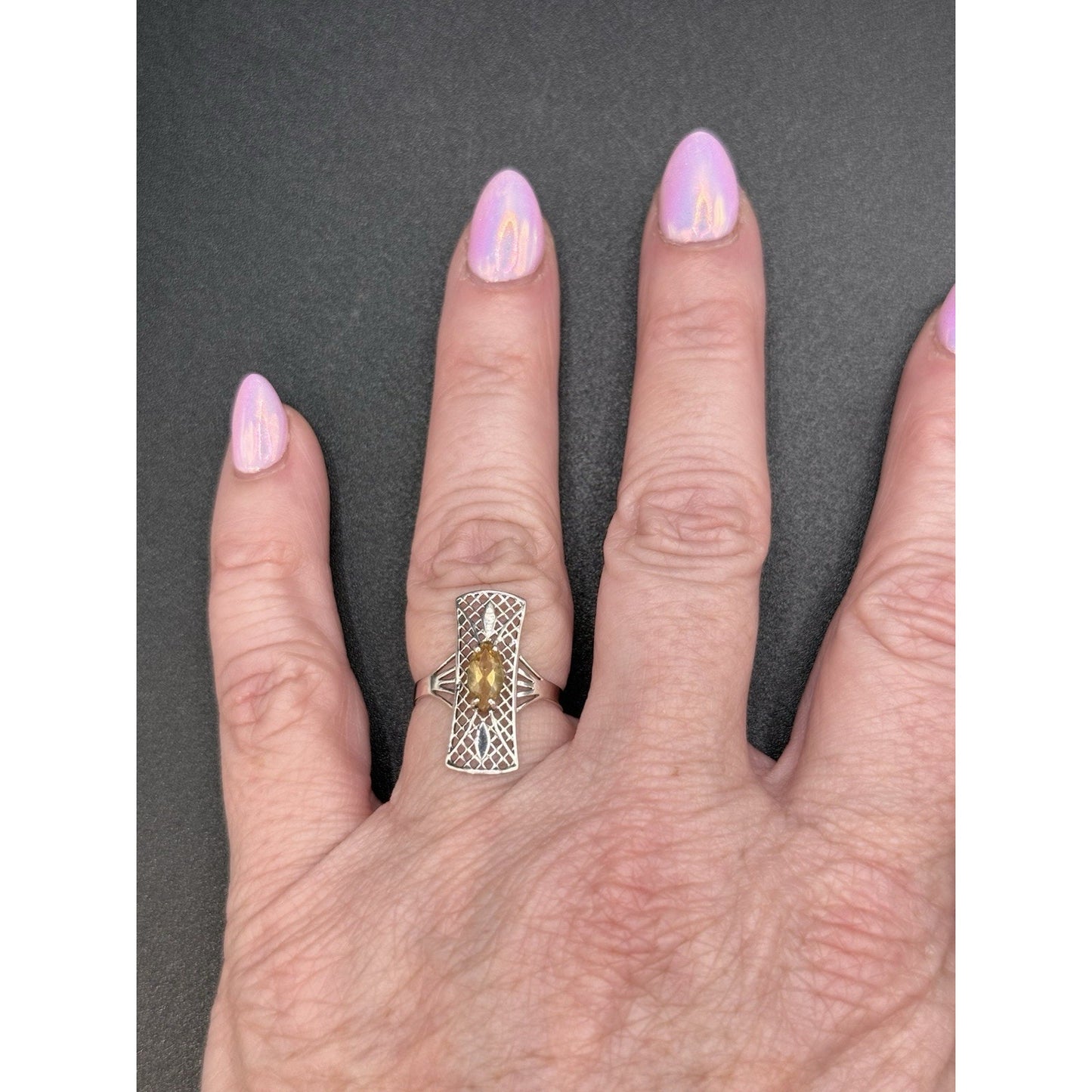 EUC Sterling Silver Genuine Citrine Filigree Ring Size 7 925 Q24