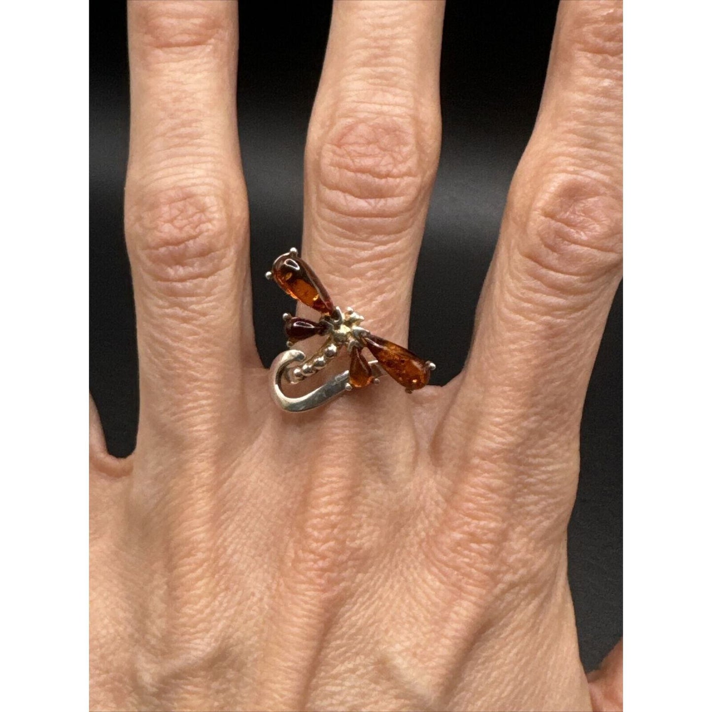 Modern Sterling Silver 925 Amber Dragonfly Ring Size 7.5 F18