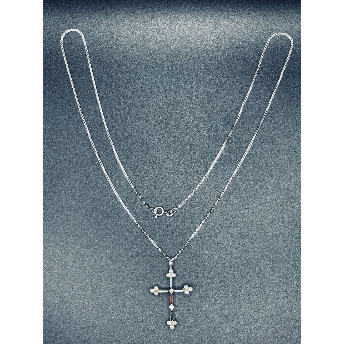 24” Vintage Multi sterling silver Gemstone Cross Pendant Necklace K12