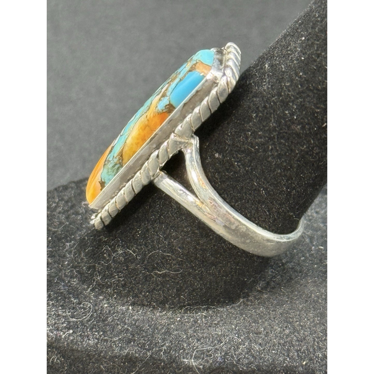 New Condition Sterling Silver Spiny Oyster Turquoise Oblong Ring Size 7.00