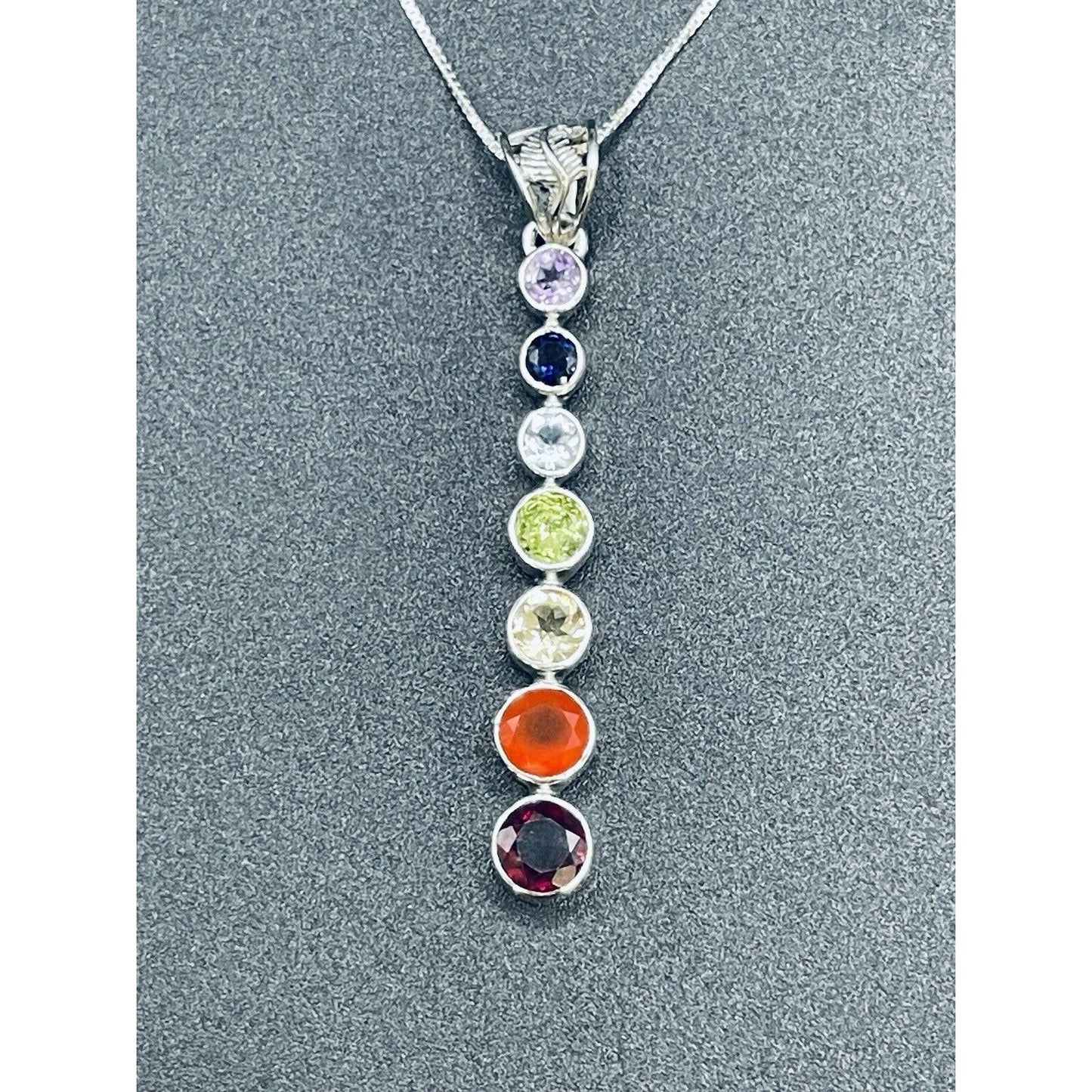 New Condition 18” Sterling Silver Multi Gemstone Graduated Pendant Necklace