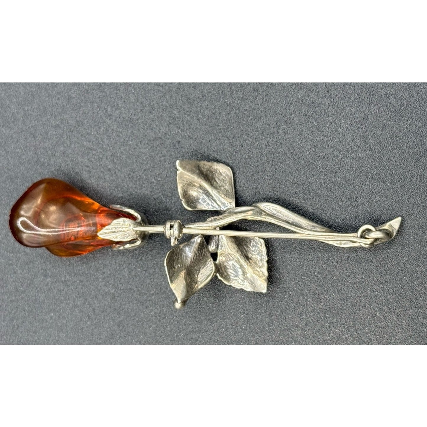 Vintage Sterling Silver Carved Amber Flower Brooch Pin 925 P5