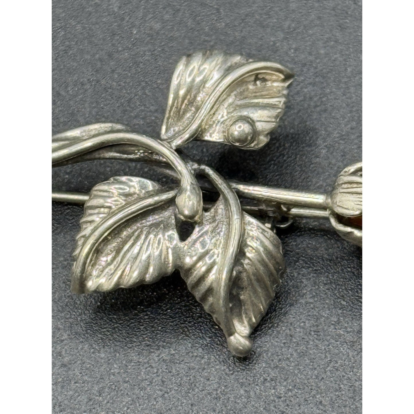 Vintage Sterling Silver Carved Amber Flower Brooch Pin 925 P5