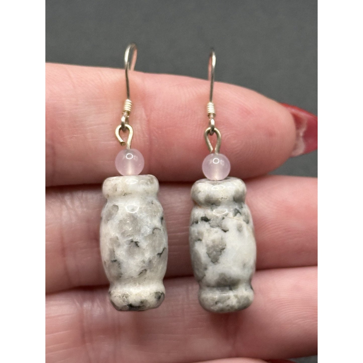 Vintage Sterling Silver Pink Quartz Stone Dangle Earrings N19