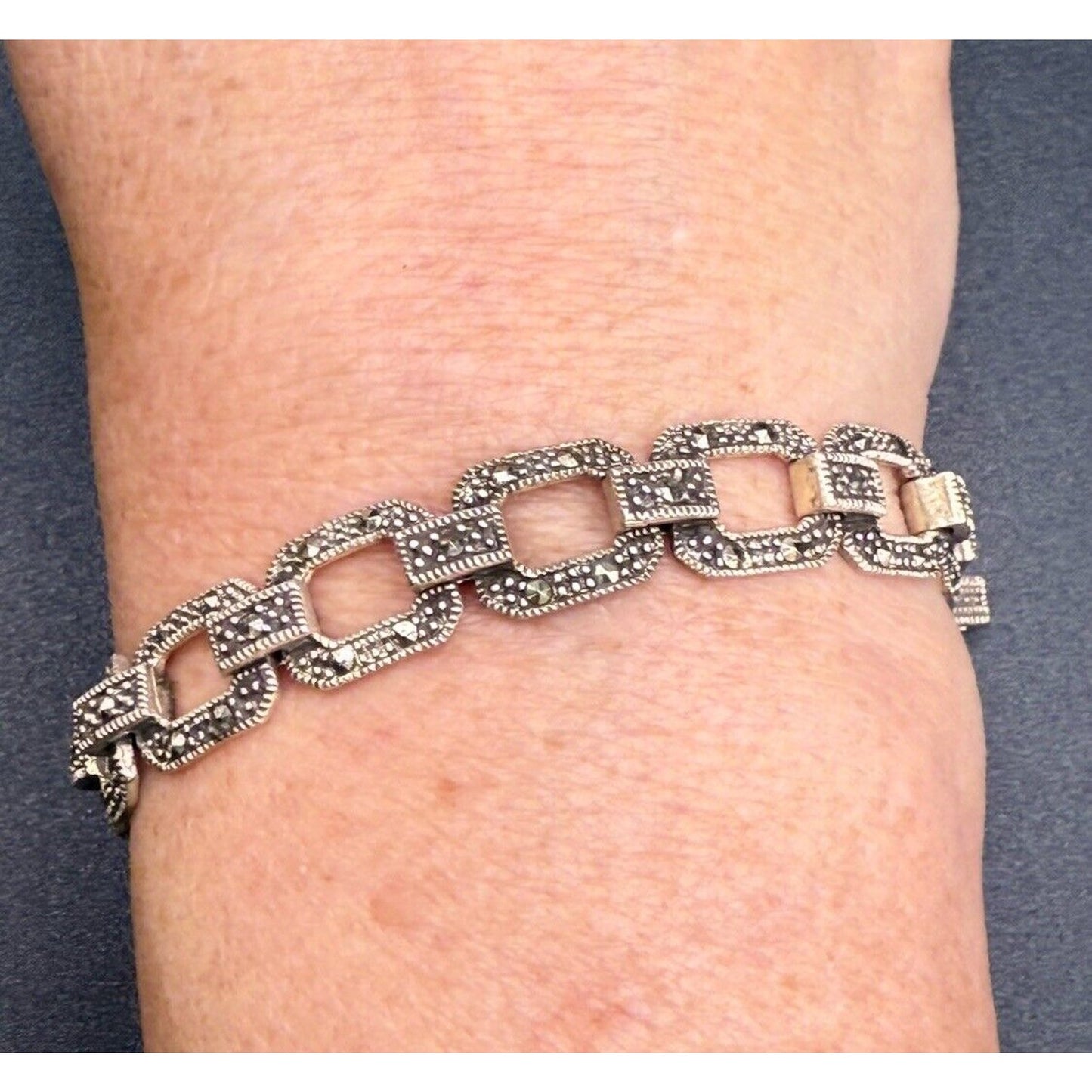 Vintage Sterling Silver Marcasite Link Bracelet 7.75” 23 Grams M8