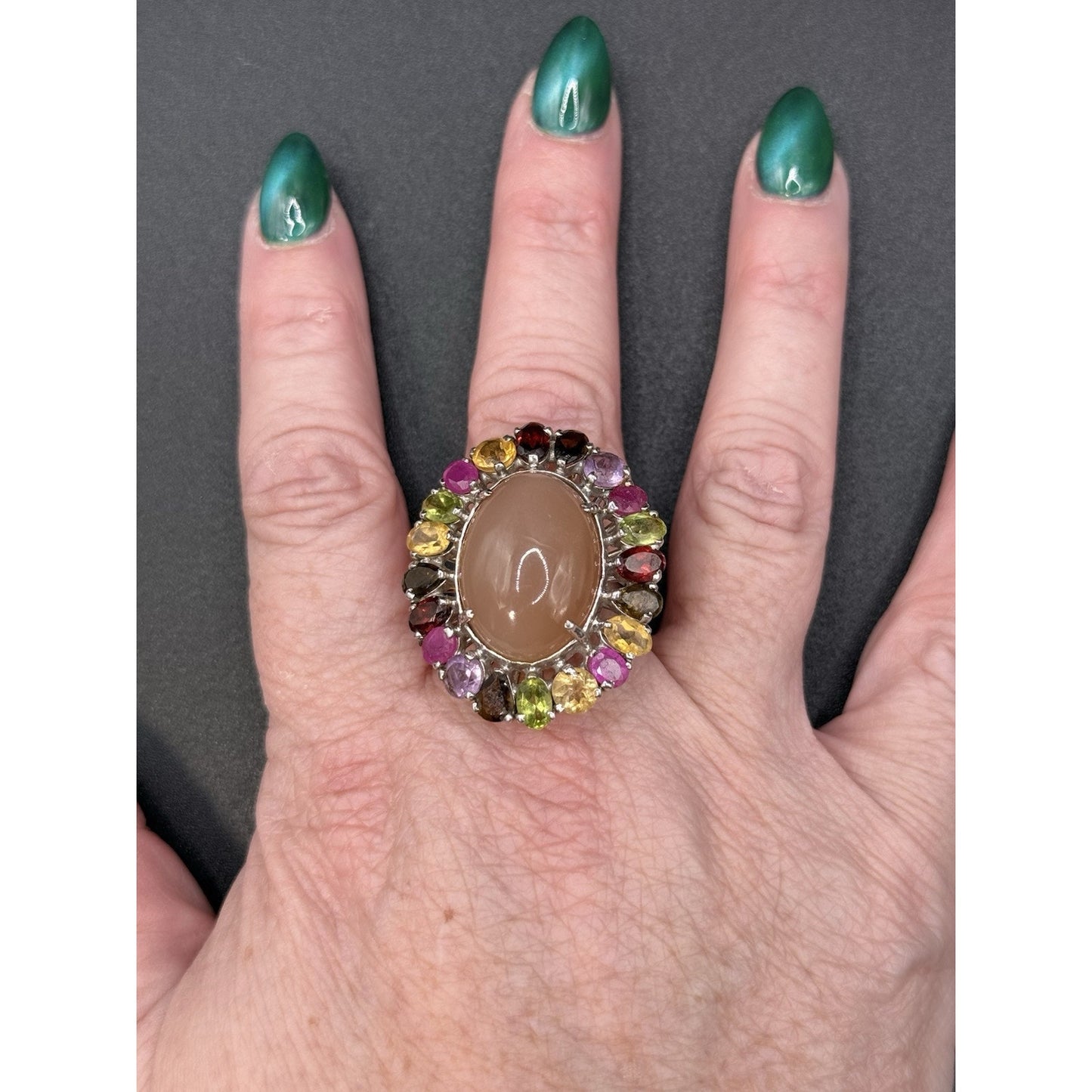 Vintage Large Multi Gemstone Sterling Silver Ring Size 7.50 P5