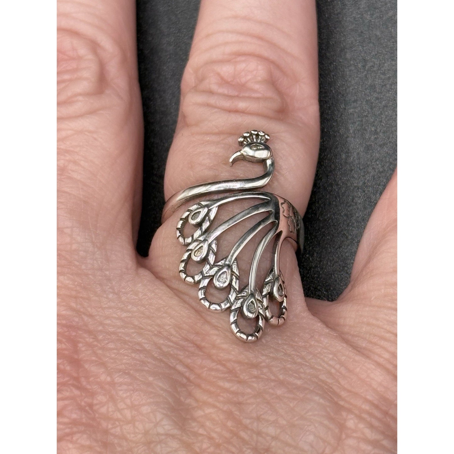 New Condition Sterling Silver Peacock Ring Size 7.00 Adjustable 925