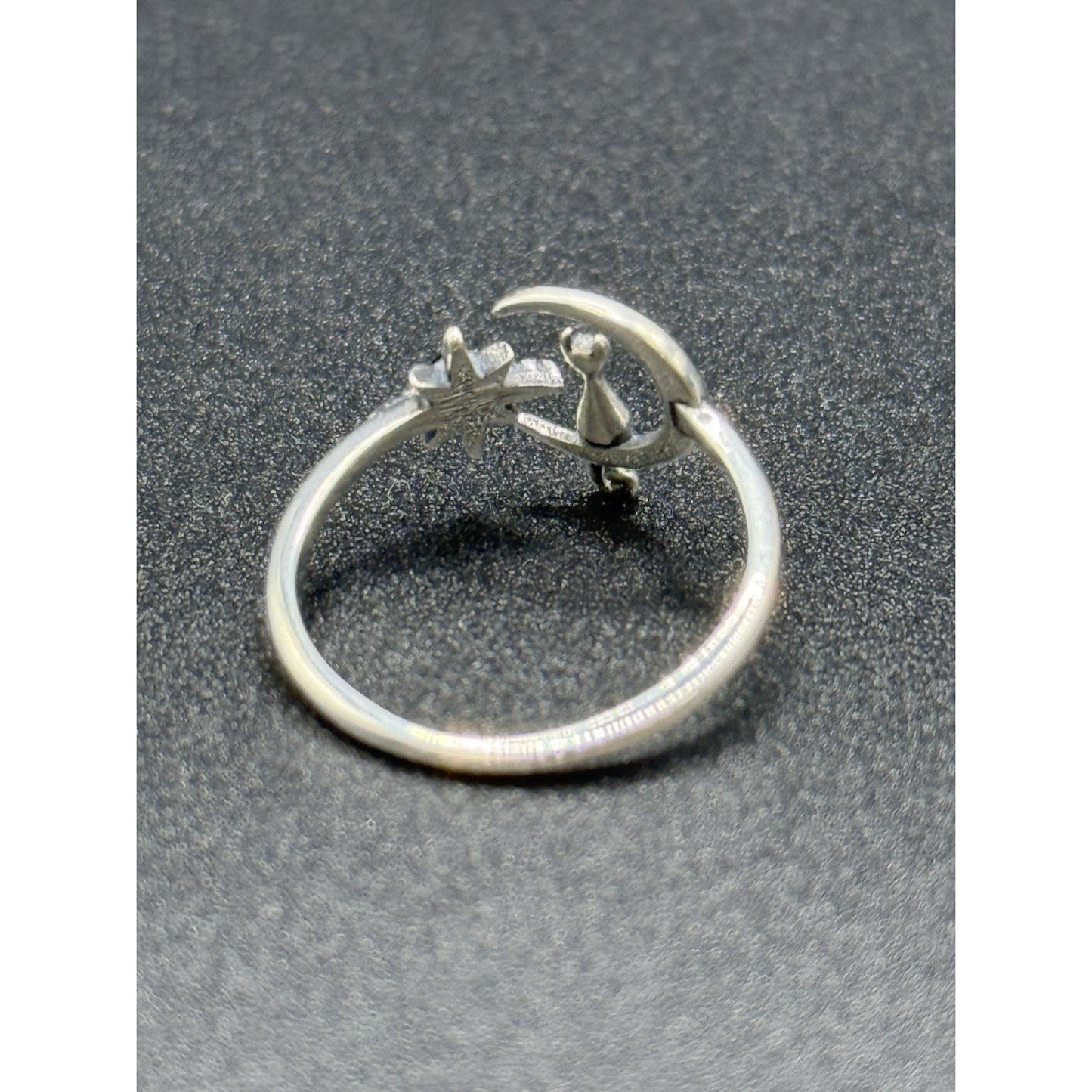 New Condition Sterling Silver Cat Onyx Moon Star Ring Size 7.00 Adjustable
