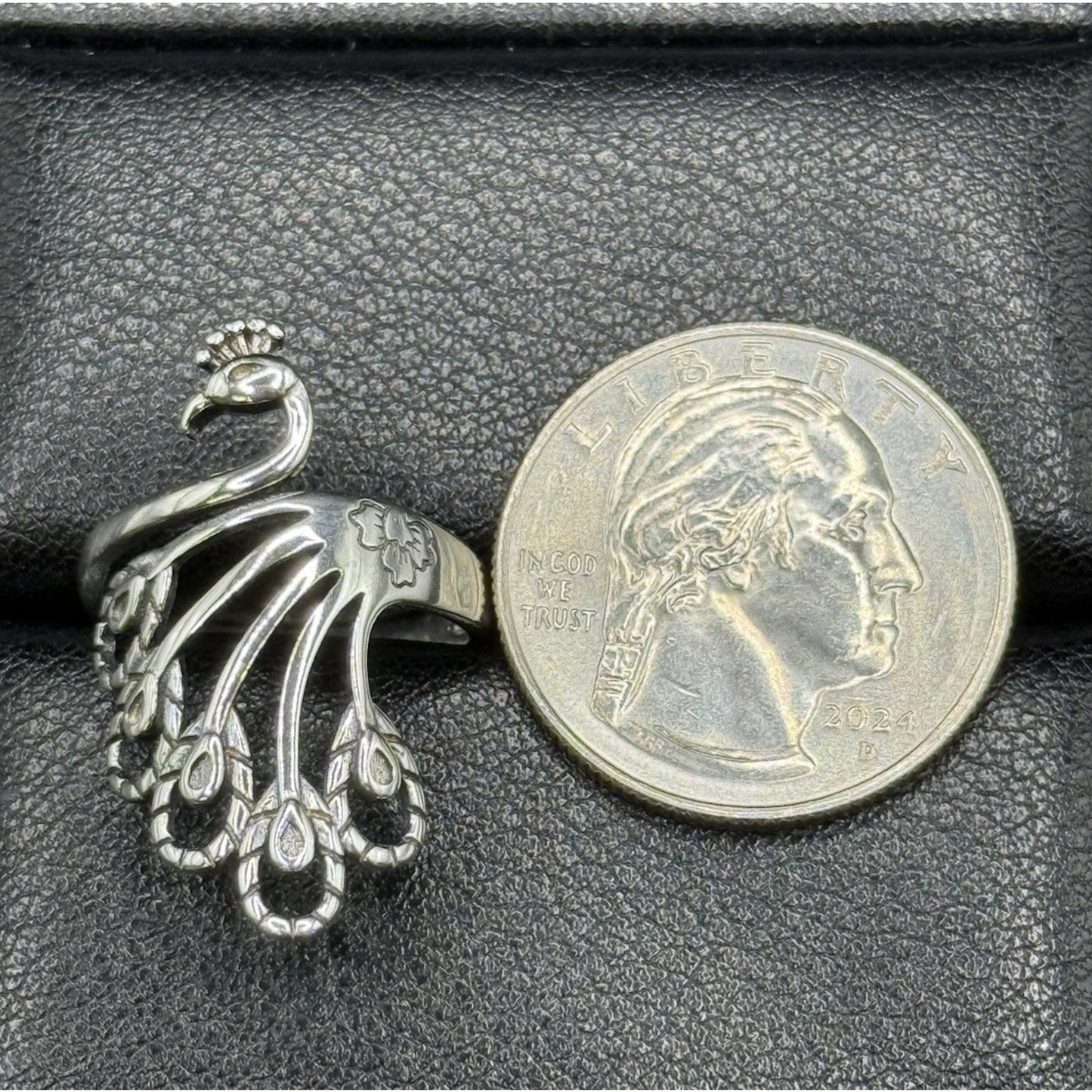 New Condition Sterling Silver Peacock Ring Size 7.00 Adjustable 925
