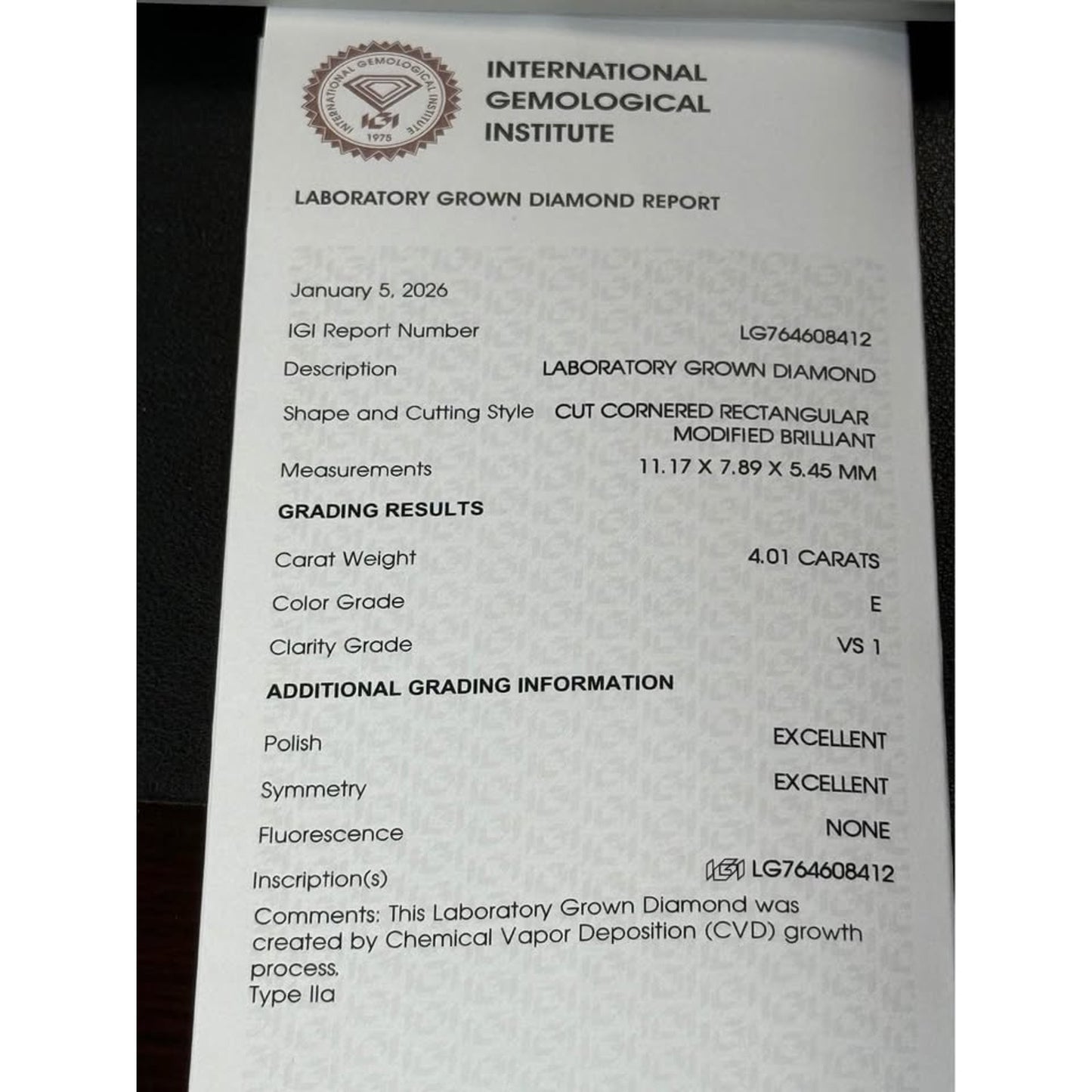 Brand New 14k White Gold 4.01 Carat Radiant Lab Grown Ring E Color VS1 Clarity IGI