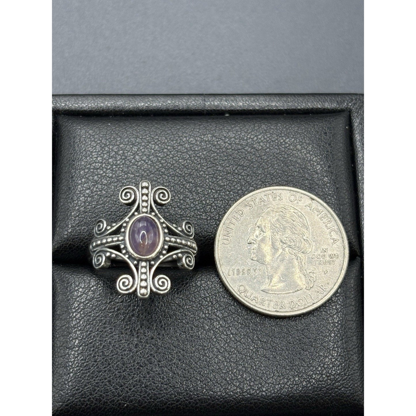 New Condition Sterling Silver Amethyst Scroll Ring Size 7