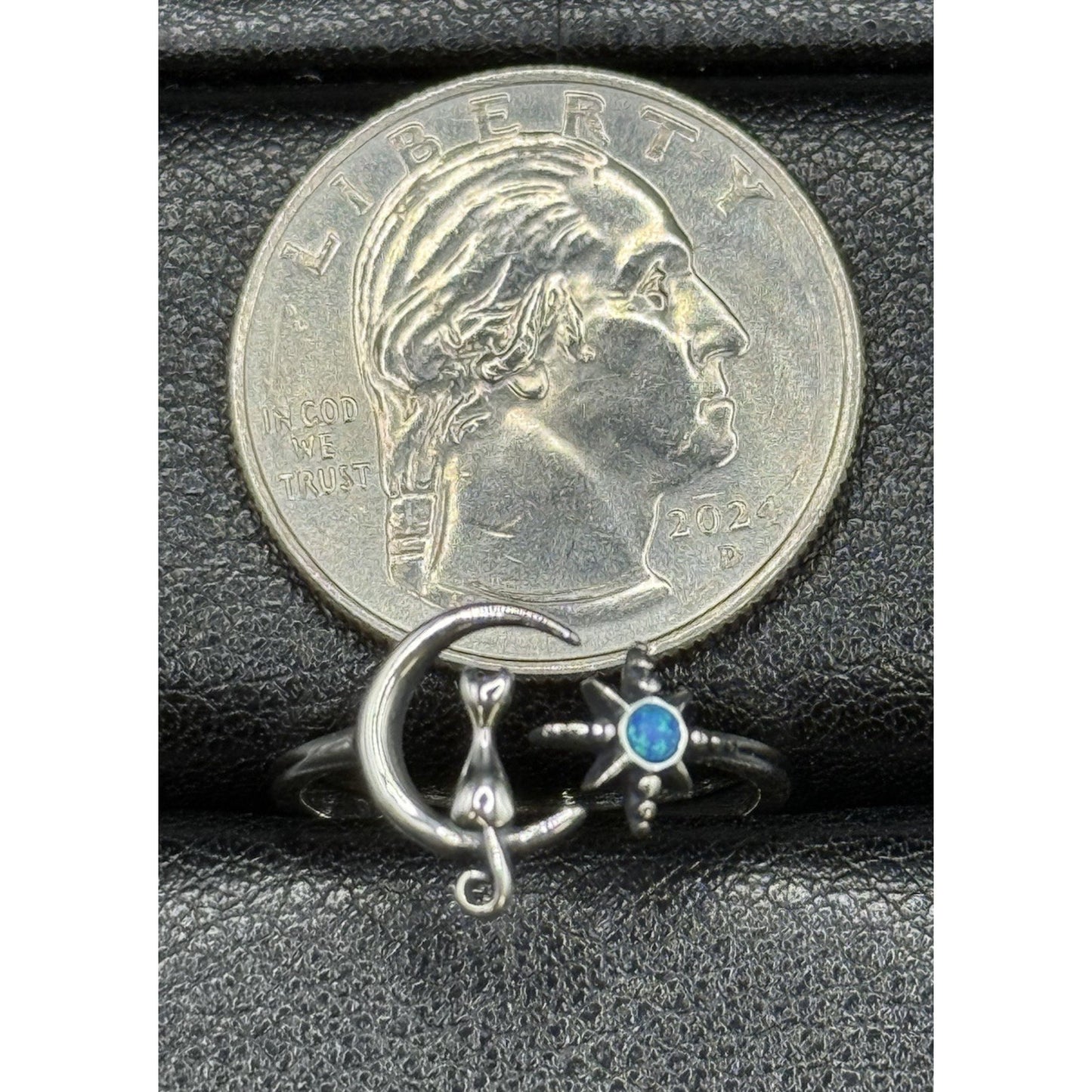 New Condition Sterling Silver Cat On Moon Star Lab Blue Opal Ring Size 7 Adjust