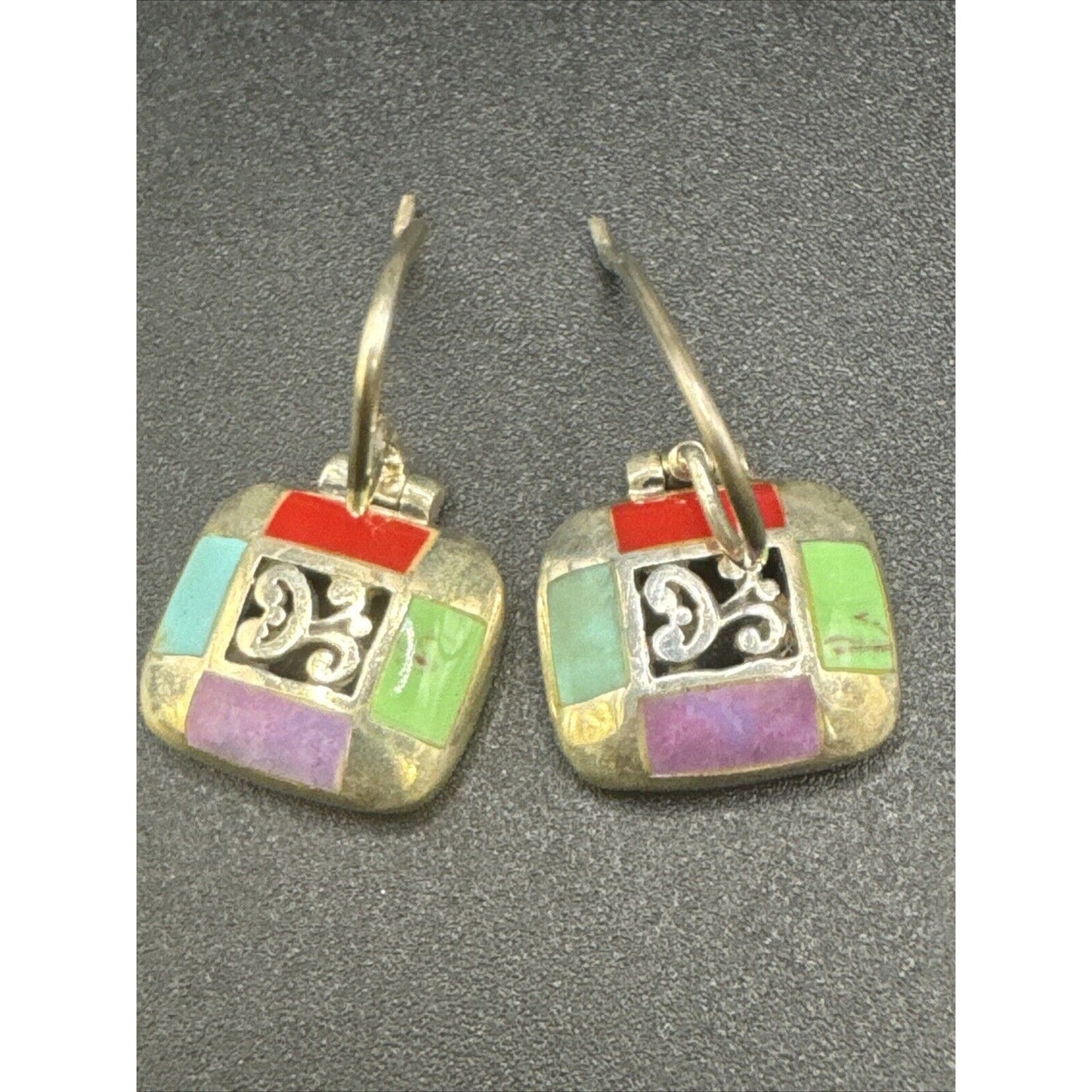Vintage Sterling Silver Multi Gemstone Dangle Earrings 925 H6