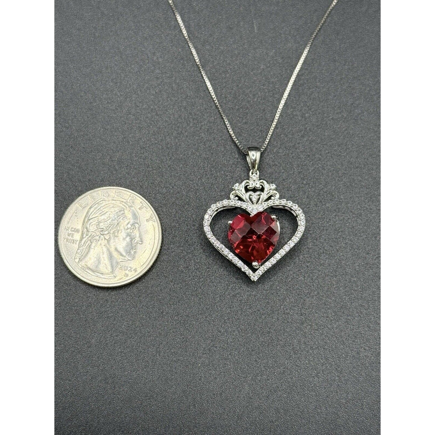 New Sterling Silver Lab Created Ruby White Sapphire Heart Pendant Necklace