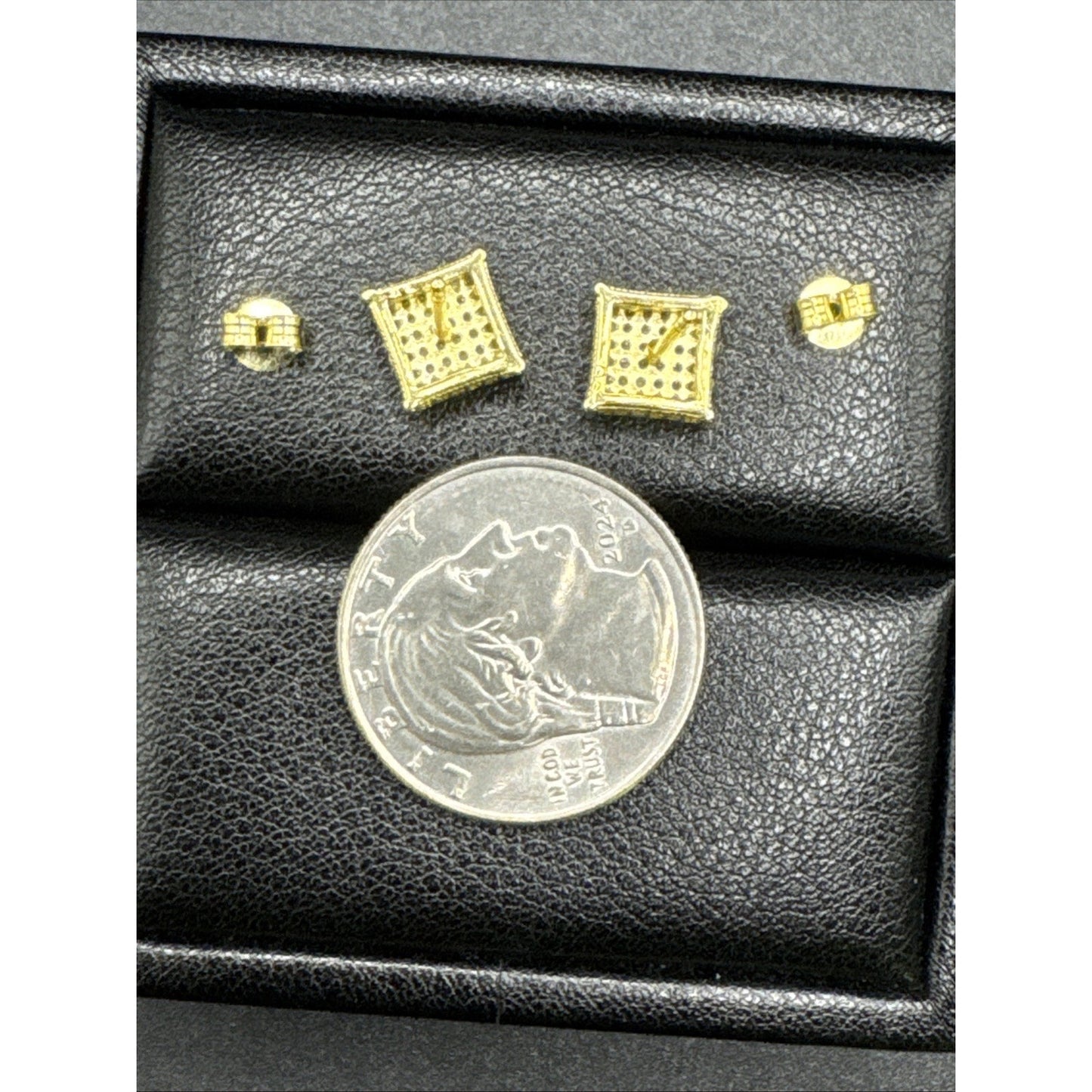 New Condition Gold Sterling Silver CZ Pavé Square Stud Earrings 925
