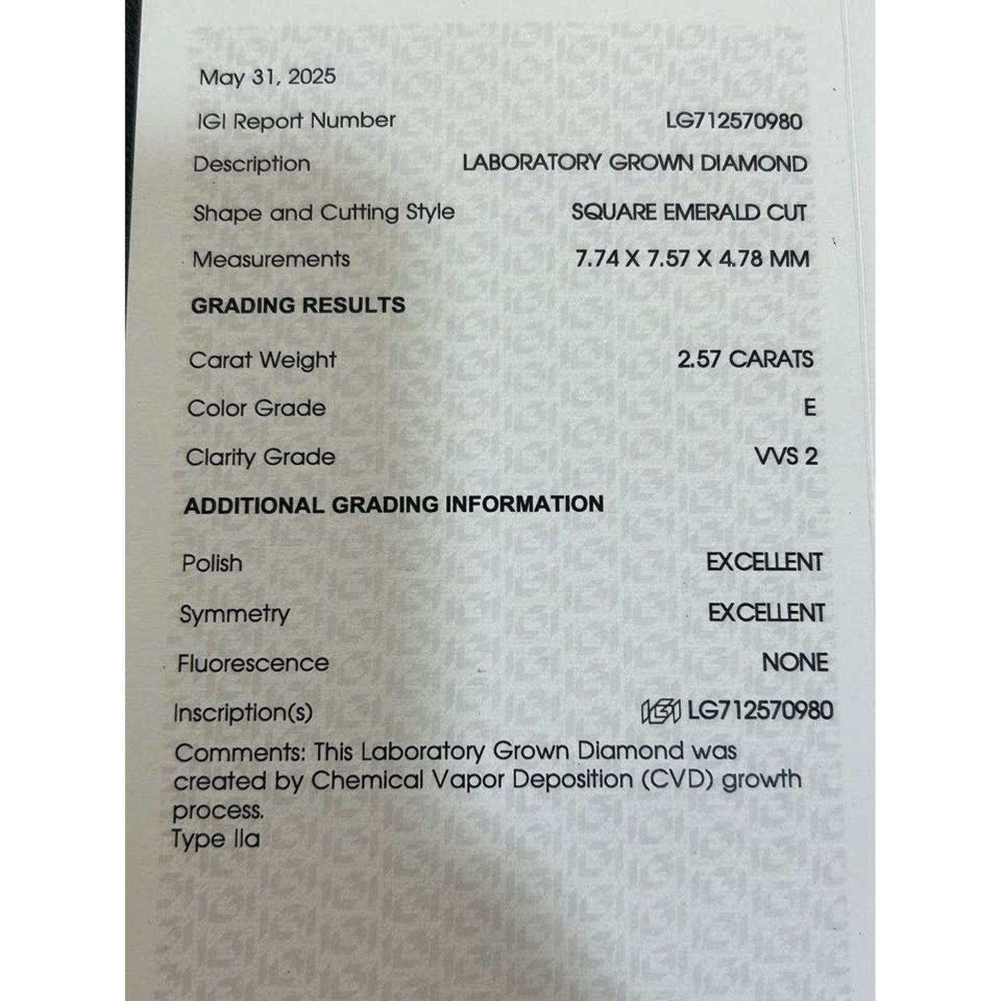 2.57 Carat Asscher Cut Lab Grown Diamond E Color VvS2 IGI Lab Report