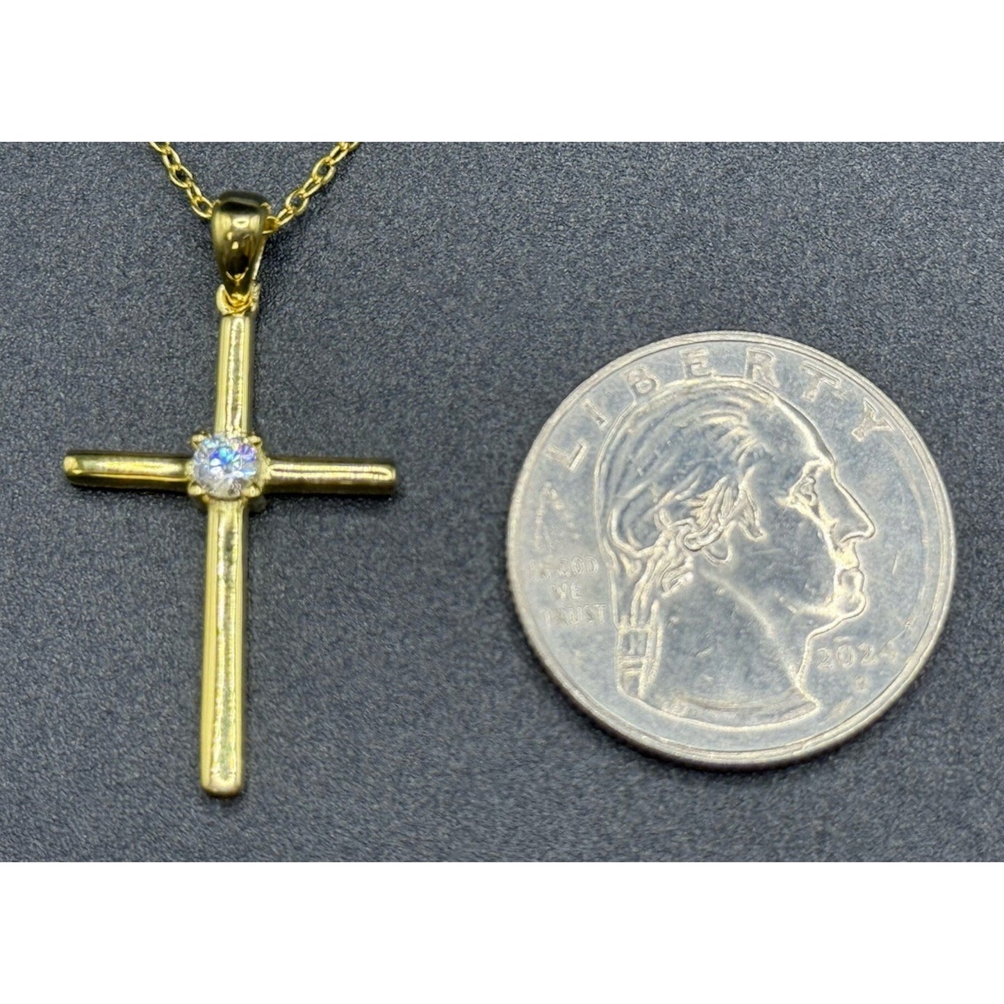 18” New Condition Gold Sterling Silver Moissanite Cross Pendant Necklace GRA