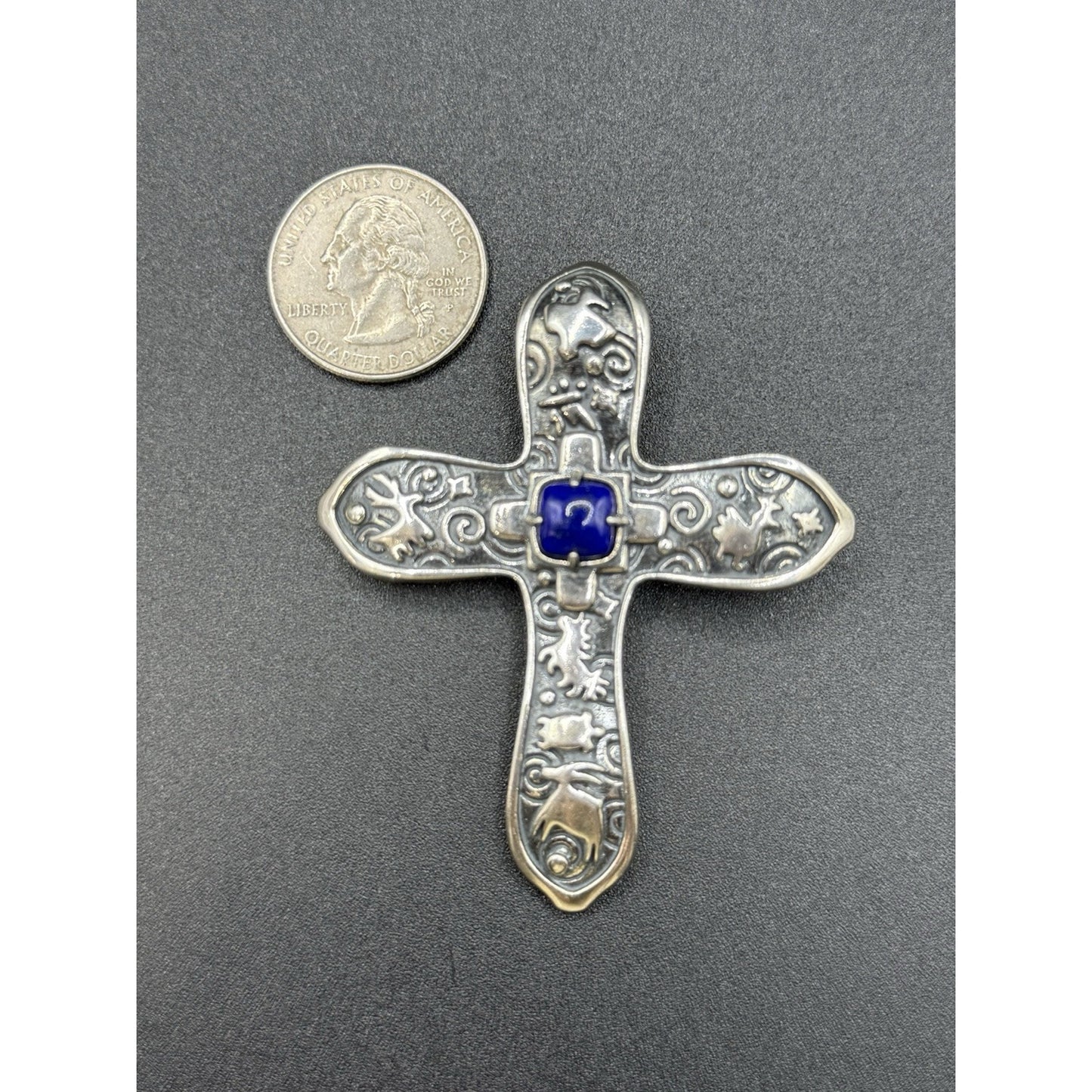 2.75” Carolyn Pollack Relios Sterling Silver Lapis Cross Pendant Pectoral N18