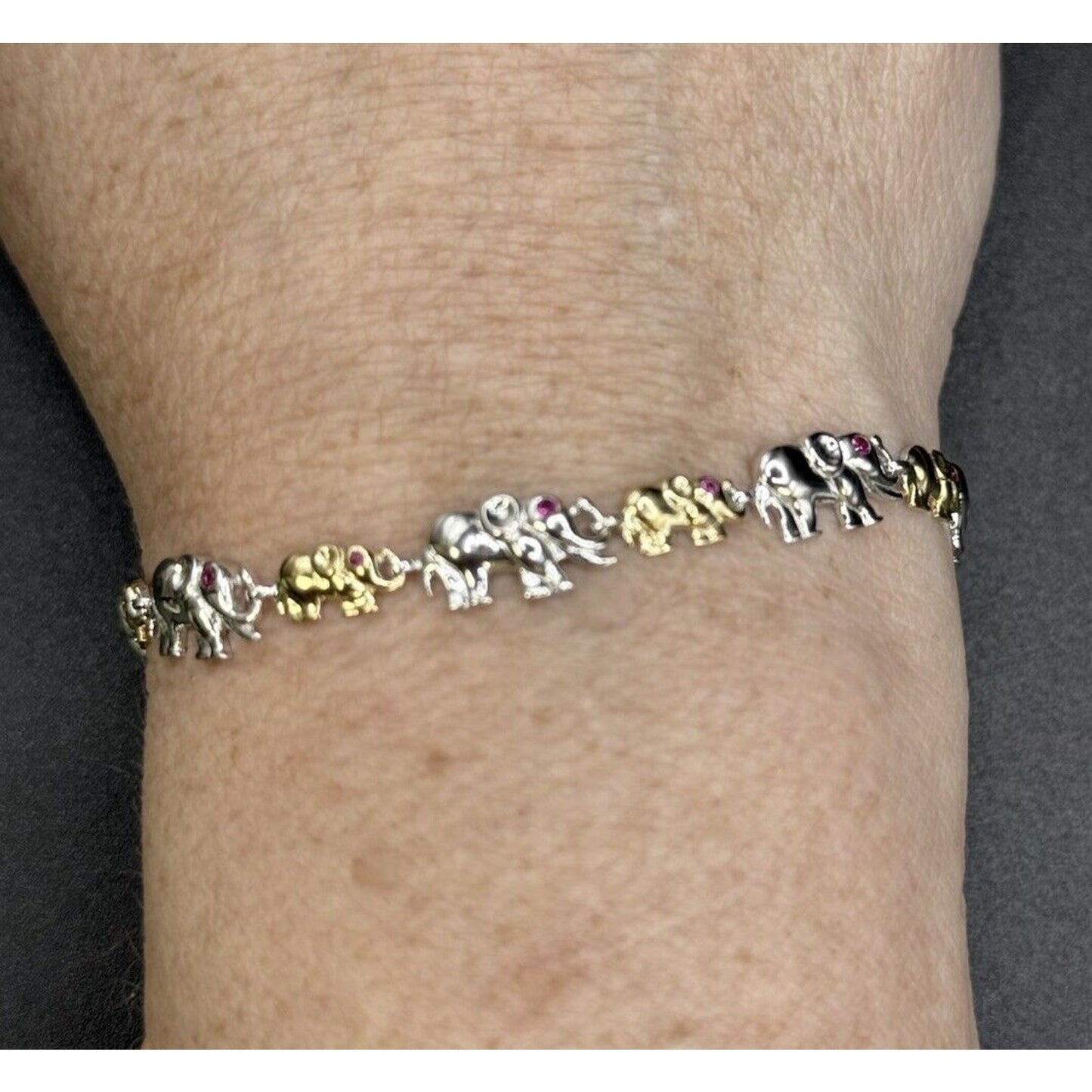 7” New Condition Two Tone Sterling Silver Elephant Bracelet Lab Ruby