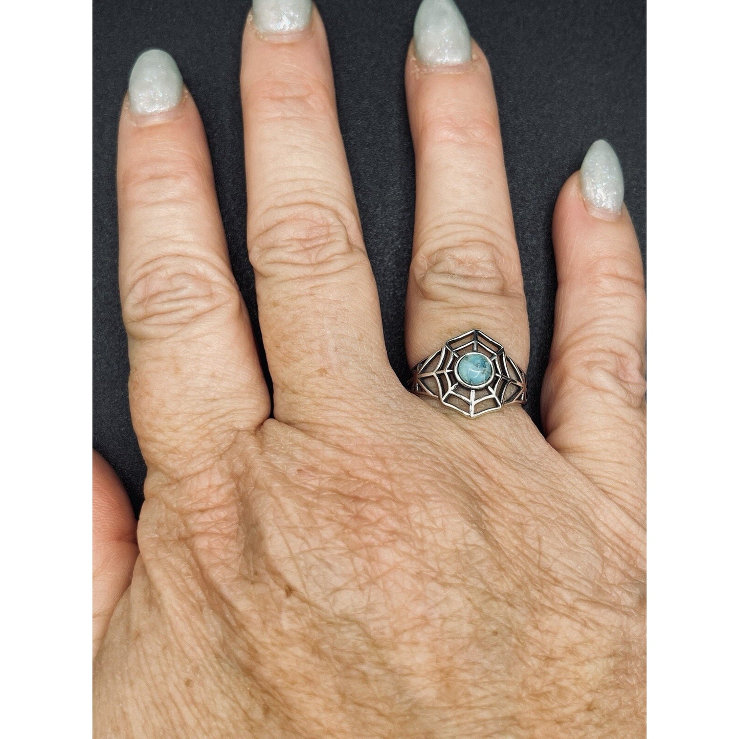 New Condition Sterling Silver Genuine Turquoise Spiderweb Ring Size 7.00
