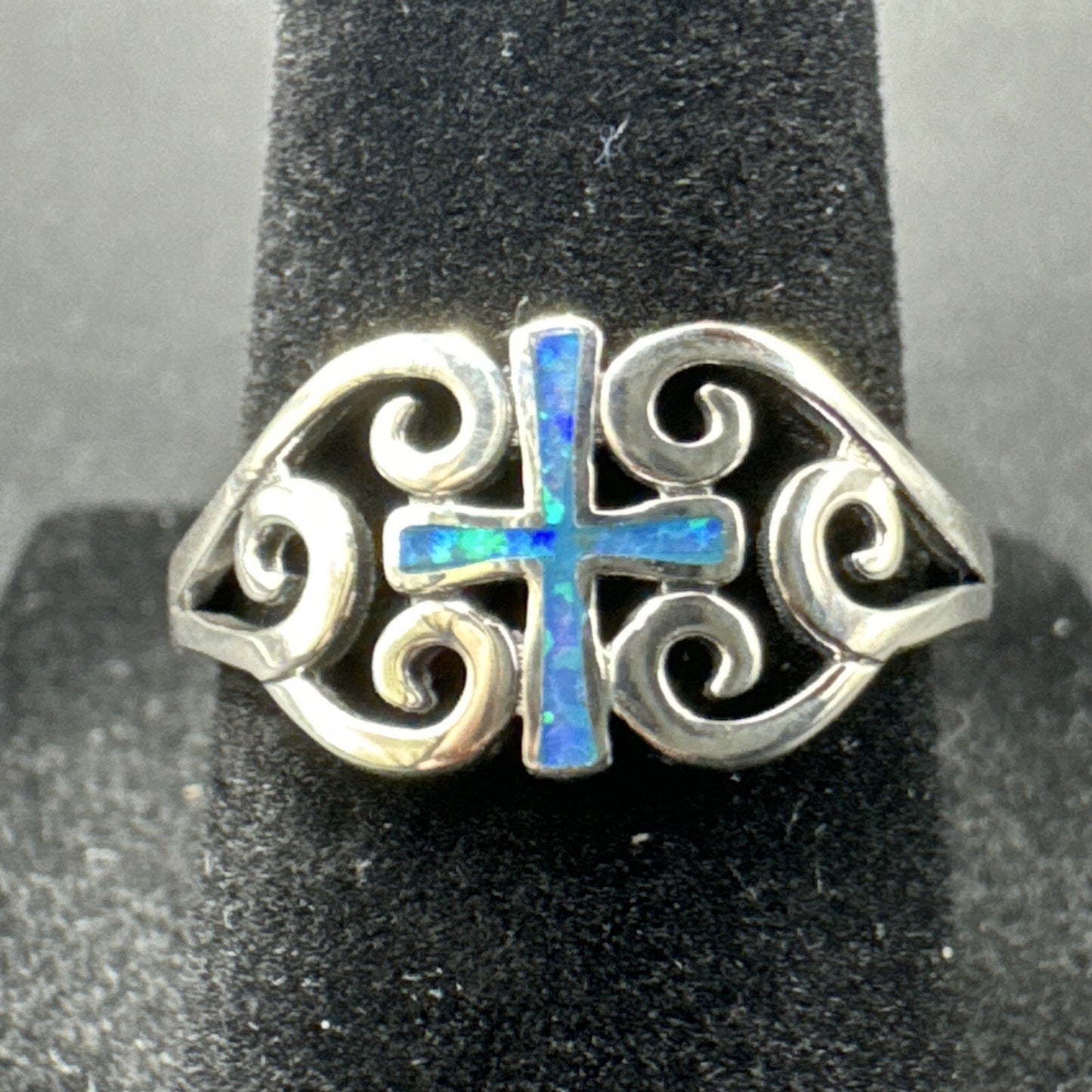 New Condition Sterling Silver Lab Black Opal Cross Scroll Ring 925 Size 7