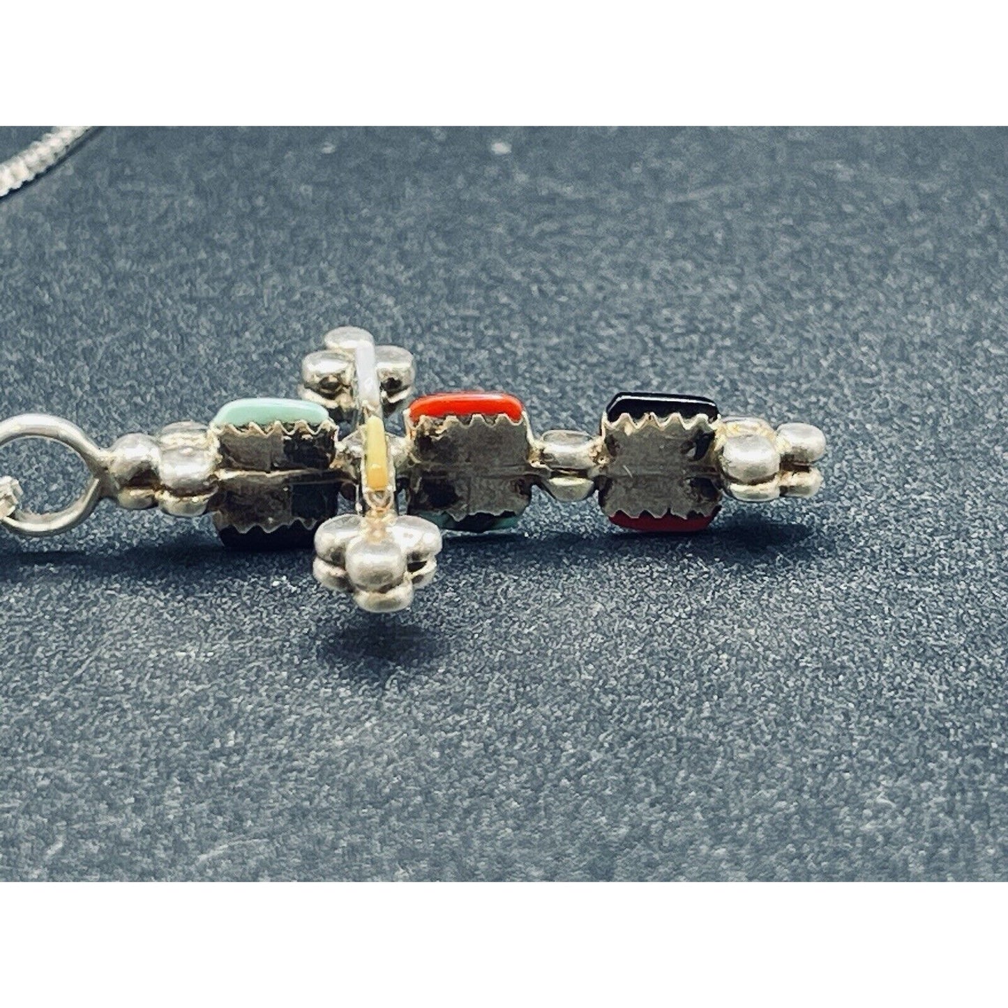 24” Vintage Multi sterling silver Gemstone Cross Pendant Necklace K12