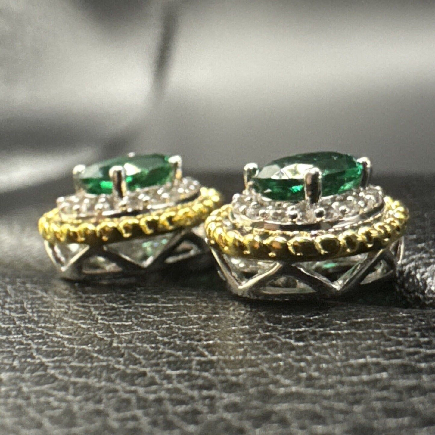 New Condition Sterling Silver 14k Gold Plated Lab Emerald Earrings 925