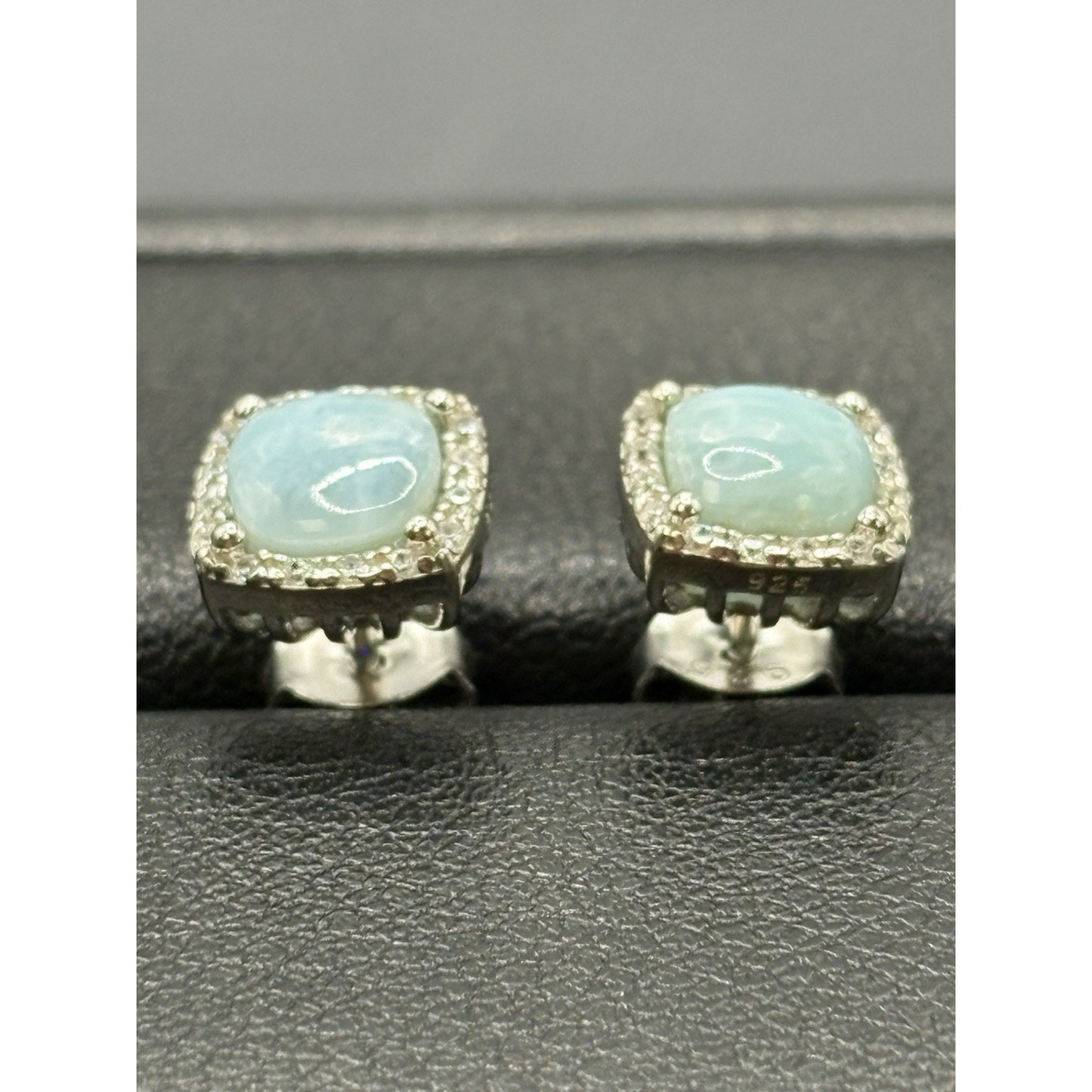 New Condition Sterling Silver Larimar Cubic Zirconia Stud Earrings